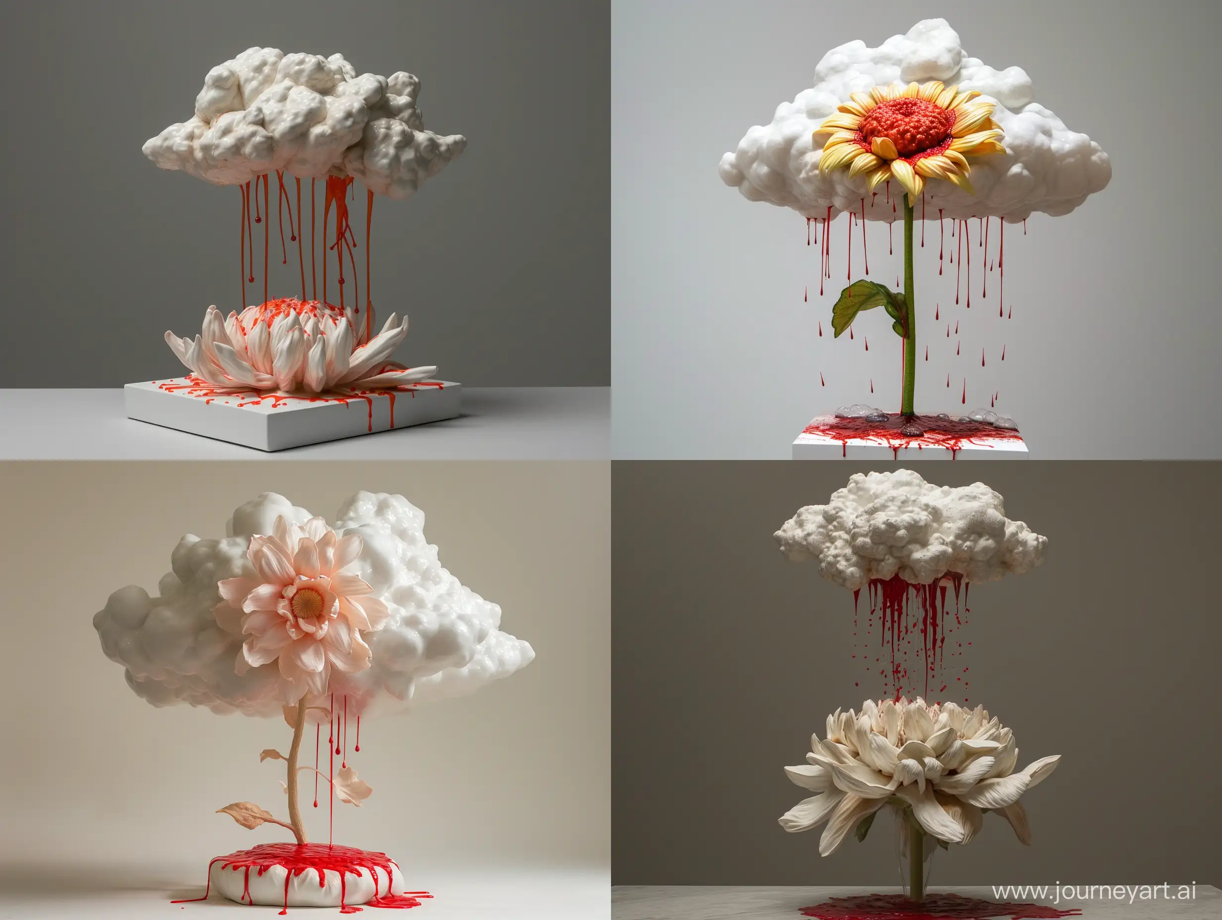 sculpture in the style of Jeff Koons: a flower above which is a cloud and red rain pours from the cloud. photorealism