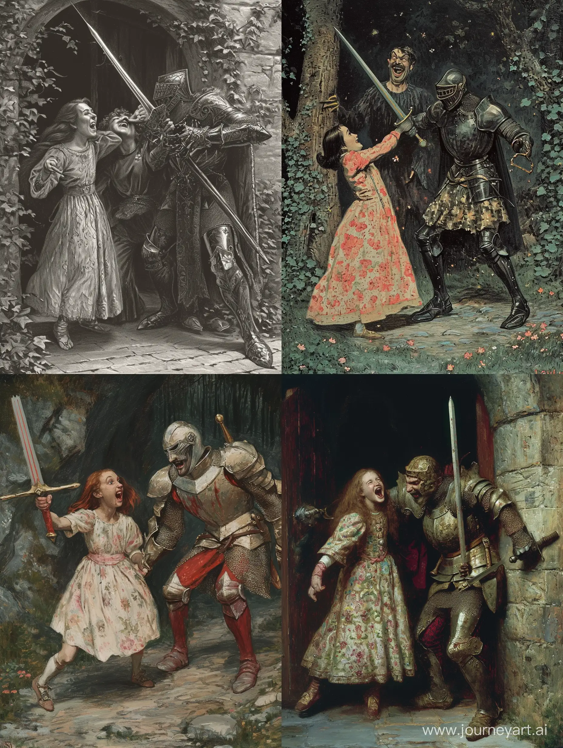Рыцарь протыкает мечом смеющегося злодея и испуганную девушку в платье