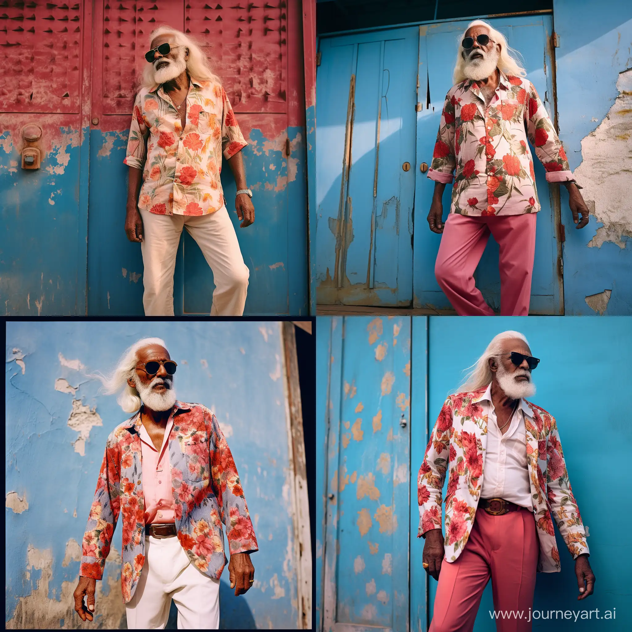    80 years old hippie dark skin long whit hair and beard red sunglasses a bleu jacket and pink shirt with flowers print and yellow wide trouser and silver sandels is standing before old light bleu wall 
    india  soft contrast  total body  low angle 35mm fuji xt4 fotorealistisch