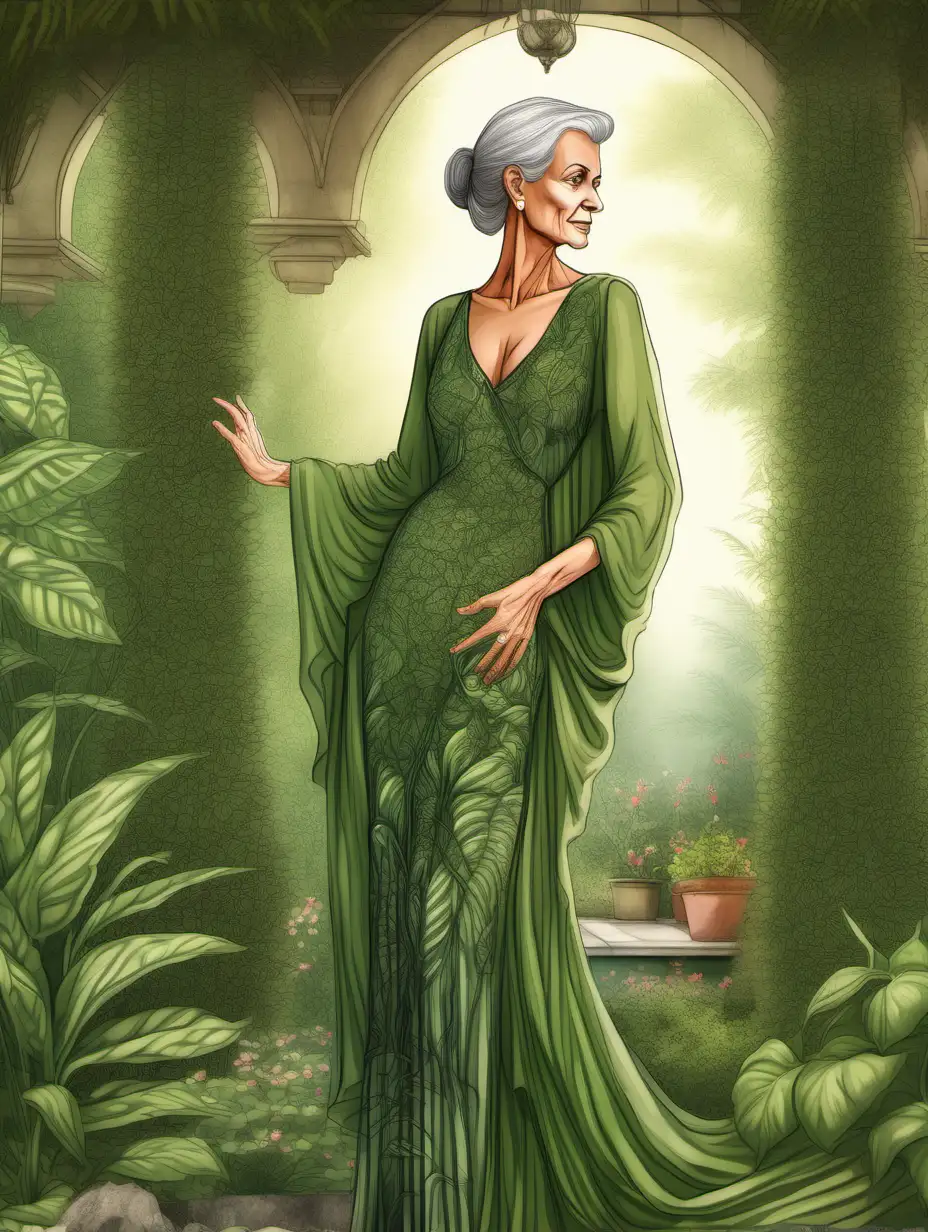 Elegant attractive older woman with tall slender body in a long very detailed and layered animesh style dress with drapes , garden setting , many lush mostly green plants