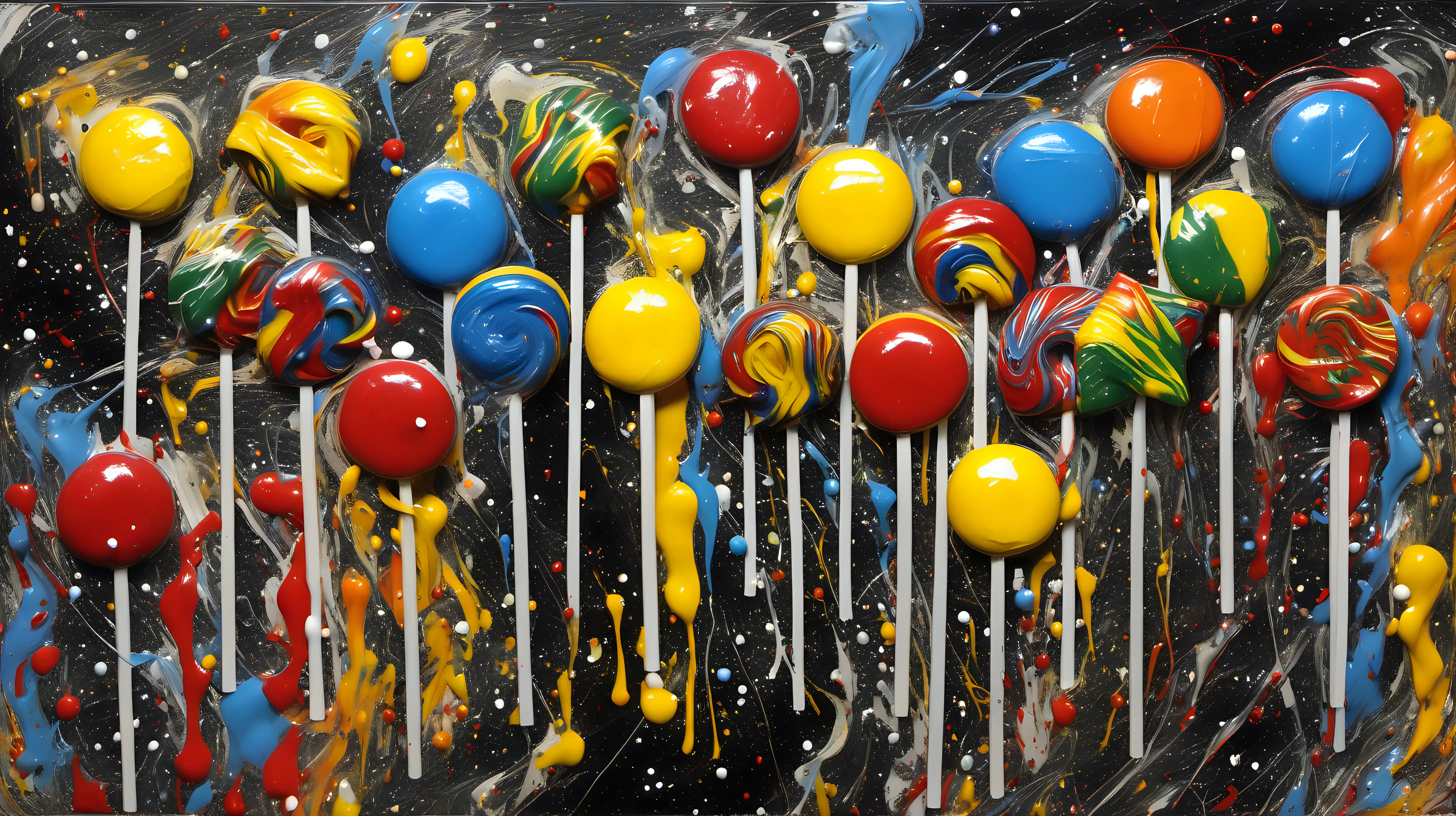 Create a (painting) in an (Jackson Pollock style) of (multiple) lollipops
