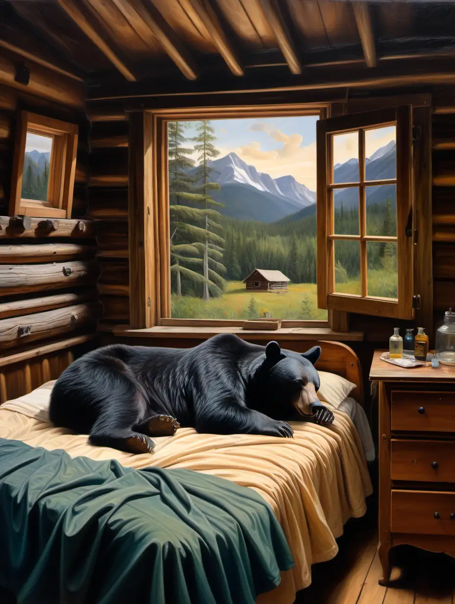 oil painting of  sleeping black bear with closed eyes on bed in old cabin with open window, dresser, 