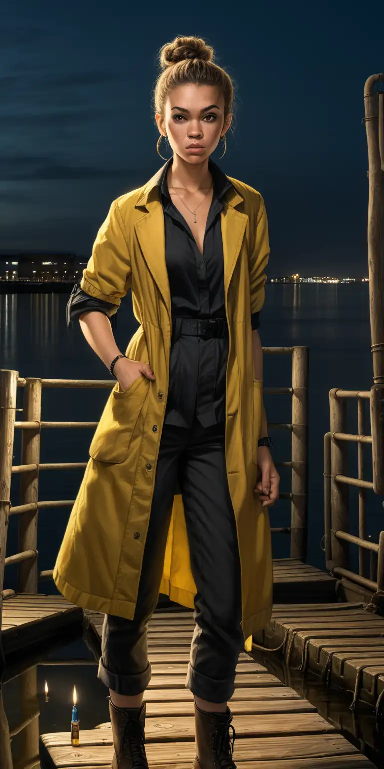 young adult woman, very light skin, dark gray eyes, bronze hair up in a messy bun, yellow formal dress shirt, black dress pants and jacket, combat boots, cigar in mouth, throwing knives in her hand, standing near a well lit dock with criminals at night