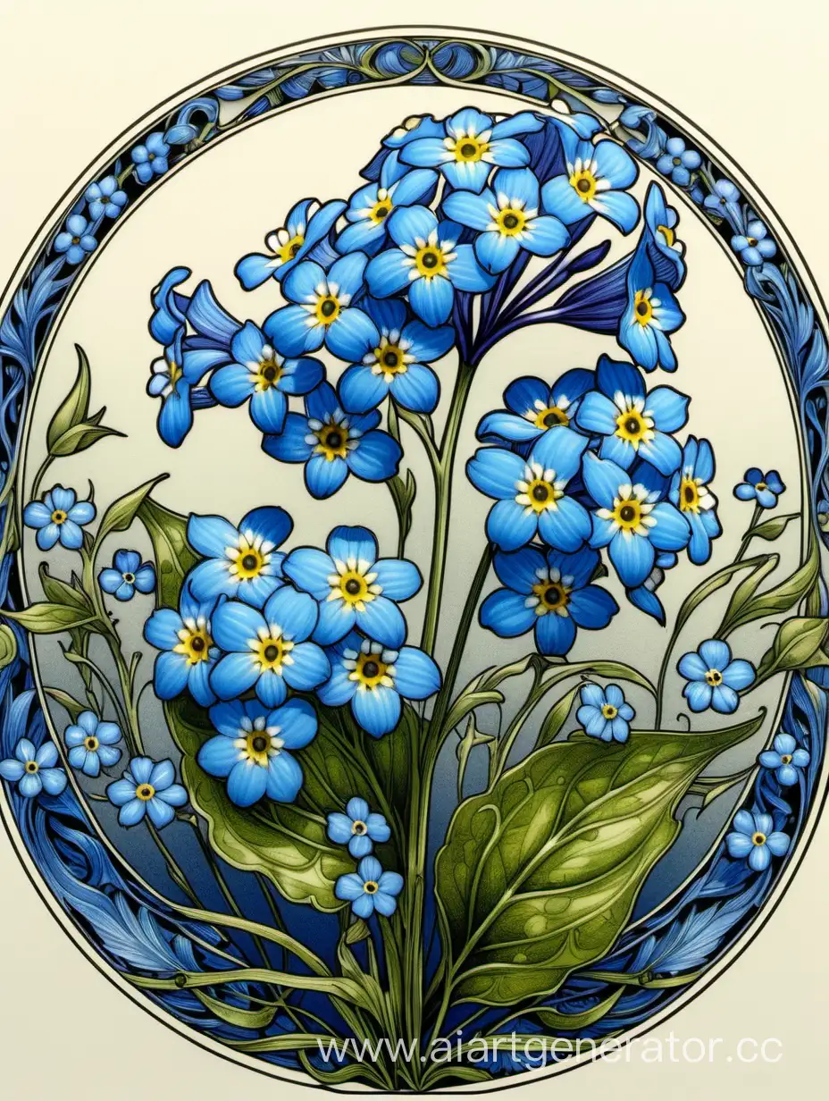  Blue  Myosotis Wall Art, Floral Illustration, Art Nouveau, ultra hd, realistic, vivid colors, highly detailed, pen and ink, detailed intricate on artstation, 