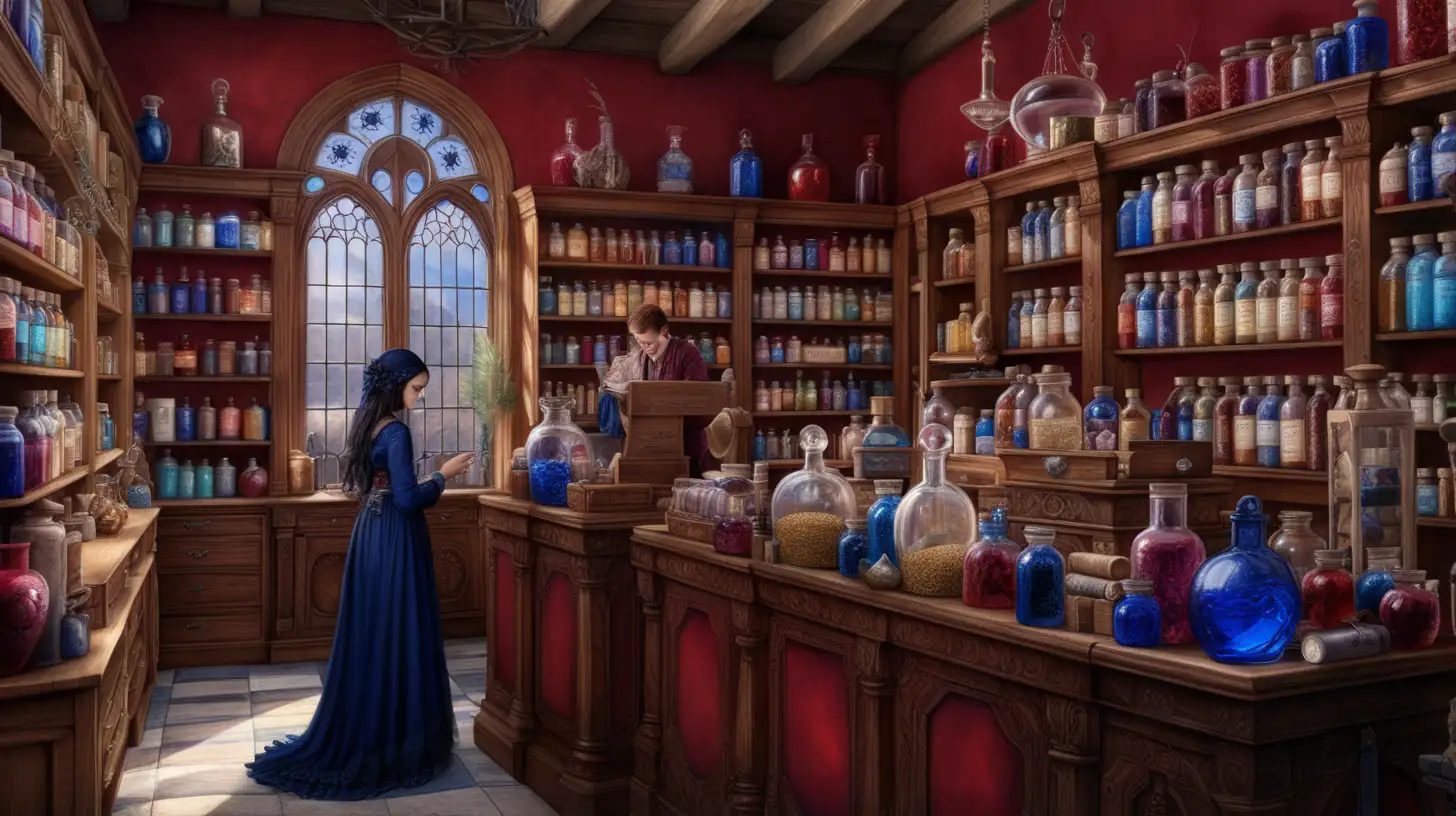  tonal colors, detailed, gothic, bohemian, magic, ruby red, sapphire blue, goldsworthy art, detailed apothecary, bustling, cashier helping customers