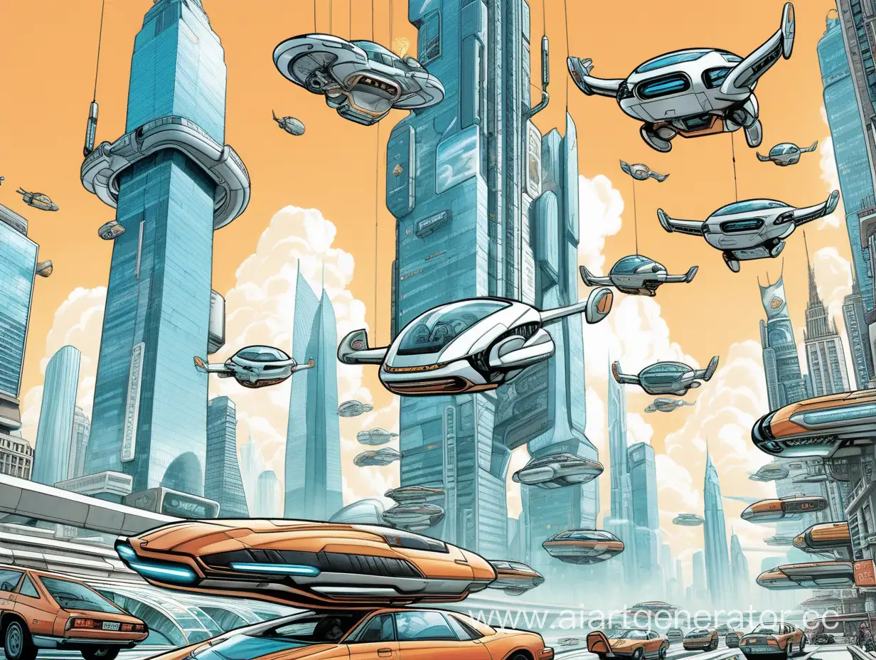 Futuristic-Cityscape-with-Flying-Cars-Urban-Metropolis-in-Comic-Book-Style