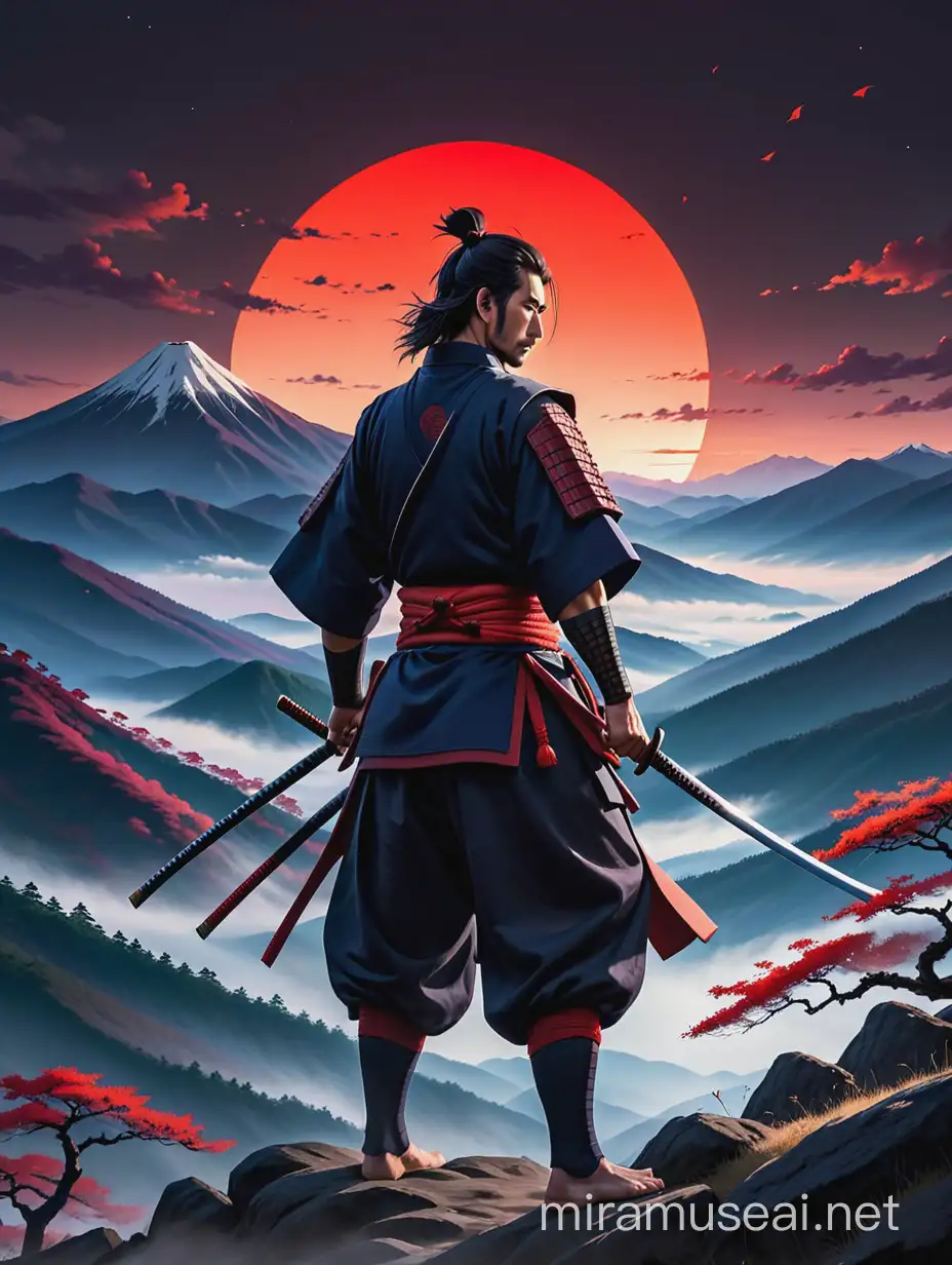 Imagine a samurai who is training in the dark on top of a windy mountain, and the twilight air is red and everywhere is dark, and the face of the samurai is unknown and hidden.