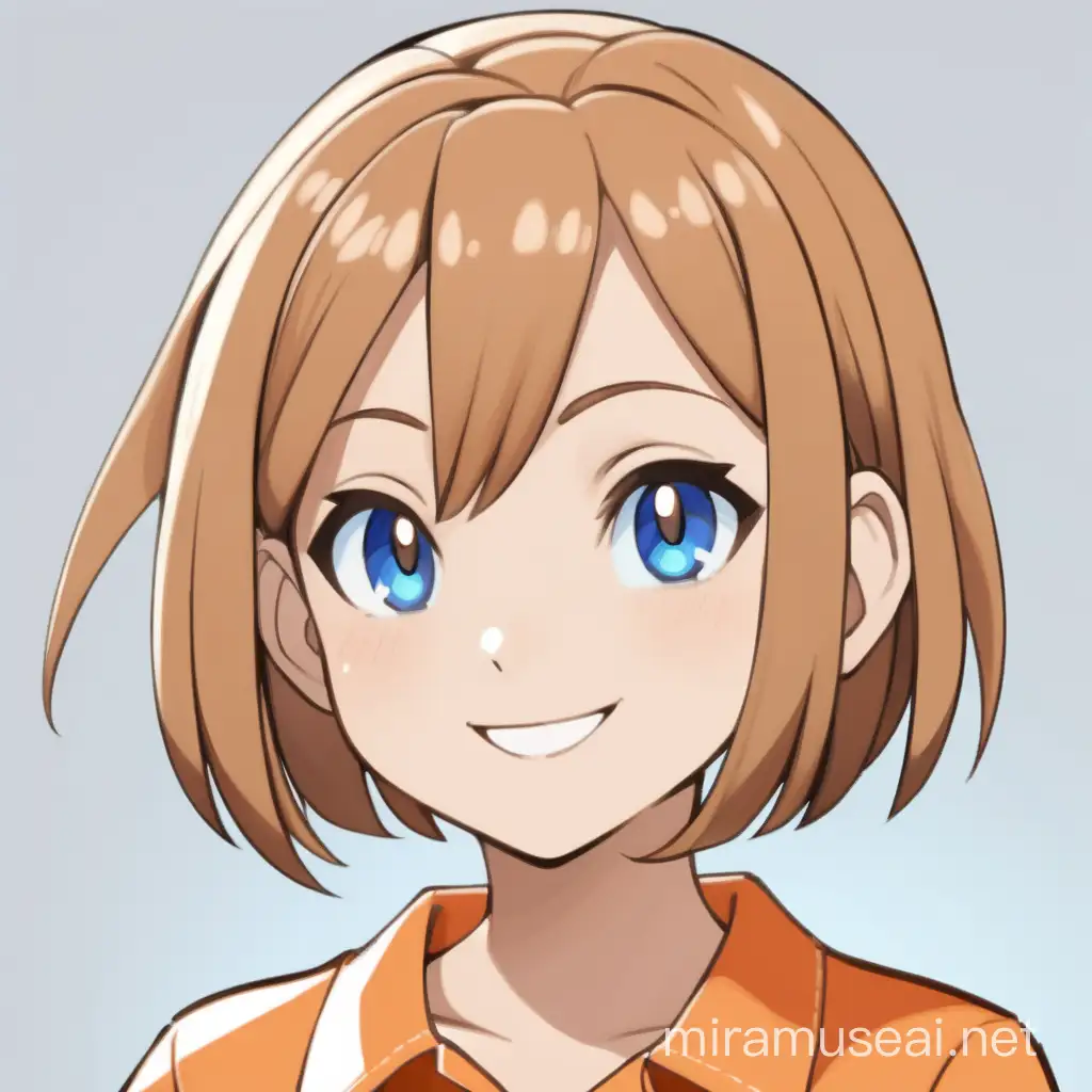 Pokemon-style teenage  girl, an orange polo shirt, blue eyes, light brown hair, bob cut, smiling, facing forward, front view
