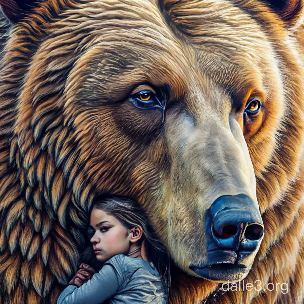 Photorealism, close up, a girl hugs the face of a huge bear, art by Wadim Kashin, by Roman Papsuev, low contrast, dusk, faded dark, intricate details, ultra high detailed, unforgettable, bewitching, mystical, award-winning masterpiece, digital art.