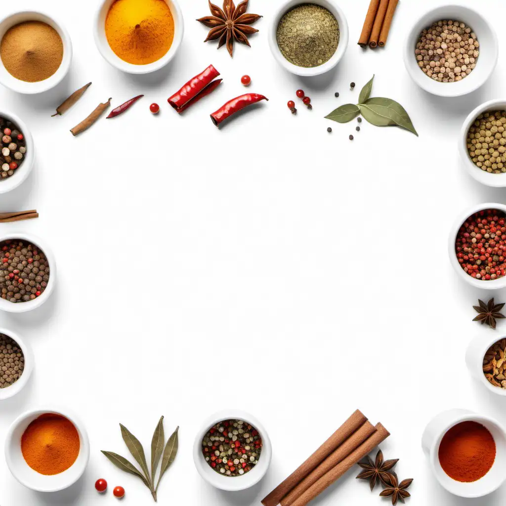 food spices on white background with white space in the middle