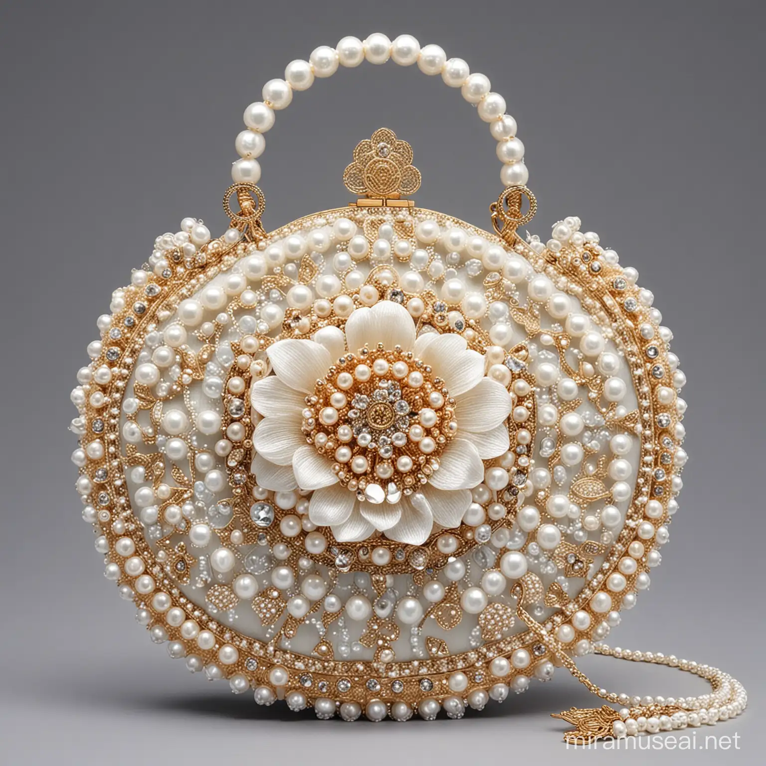 时尚手拿包，圆圈环吊着下面的宋代头冠包，头冠包像一个莲花形状，上面由珍珠和花朵组成，高清杰作