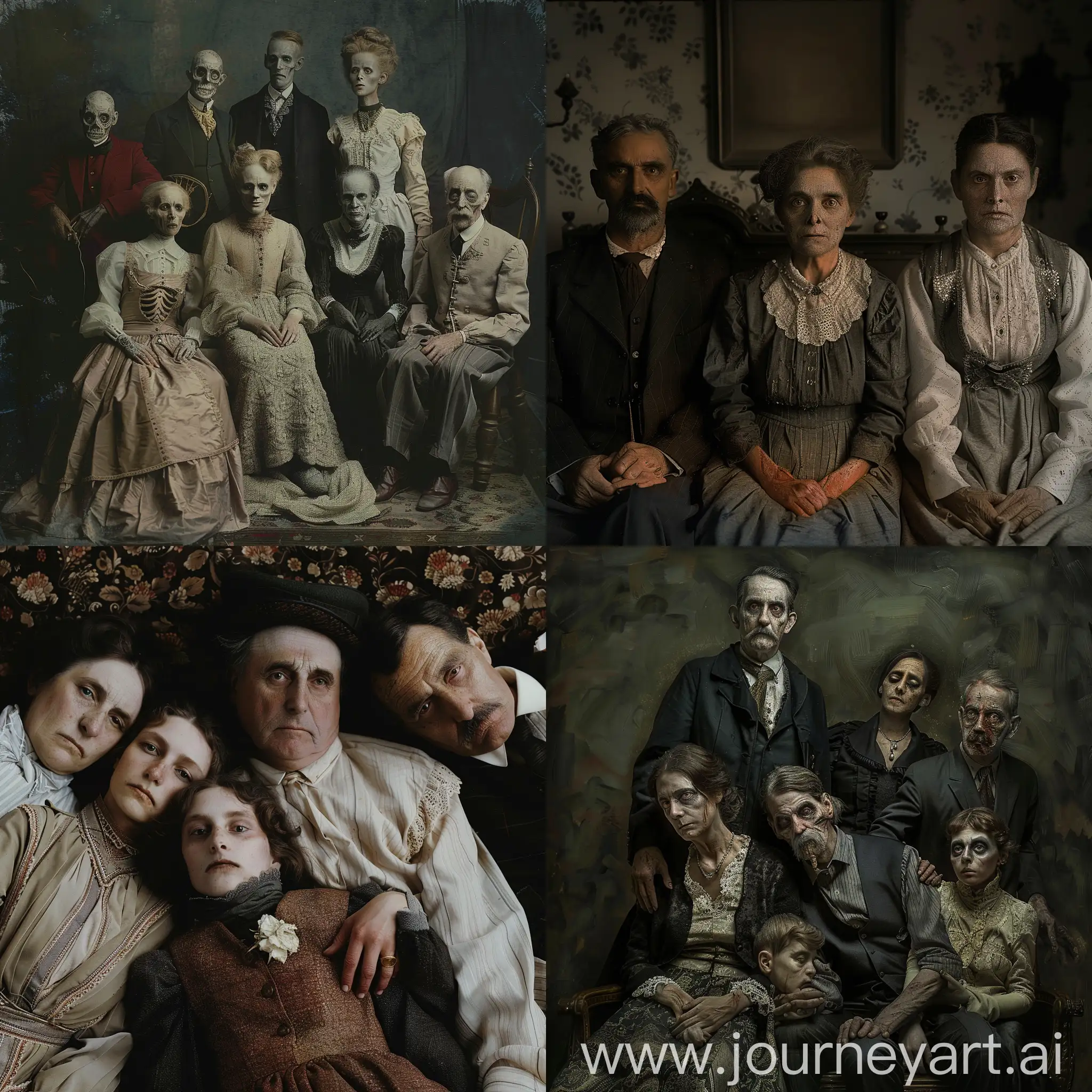creepy family photo, creepy family members, dead, 1900's, colored, grainy, cinematic lighting, realistic image
