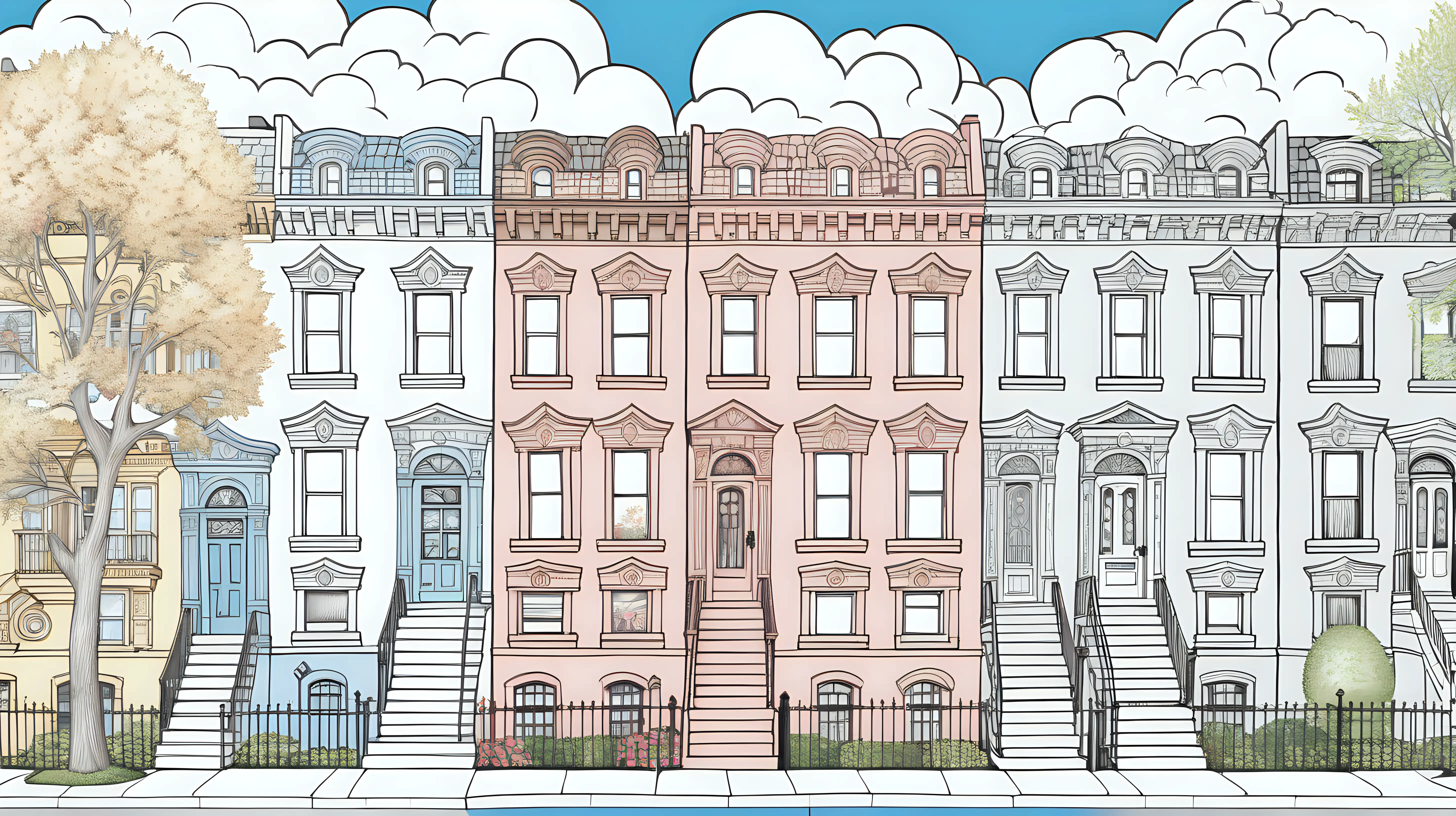 illustrated cover for a coloring book, partially colored in using pastel colors, new york city brownstone style townhouses aligned horizontally with nice symmetry, each a different color, pretty trees and flowers line the block, Some houses are colored in perfectly while others are half colored in, inviting readers to fill in the blanks with their imagination, Above is a playful sky with a sun and some clouds, image serves as the perfect wrap for a whimsical coloring book for young adults, clean lines for makes sharp details.