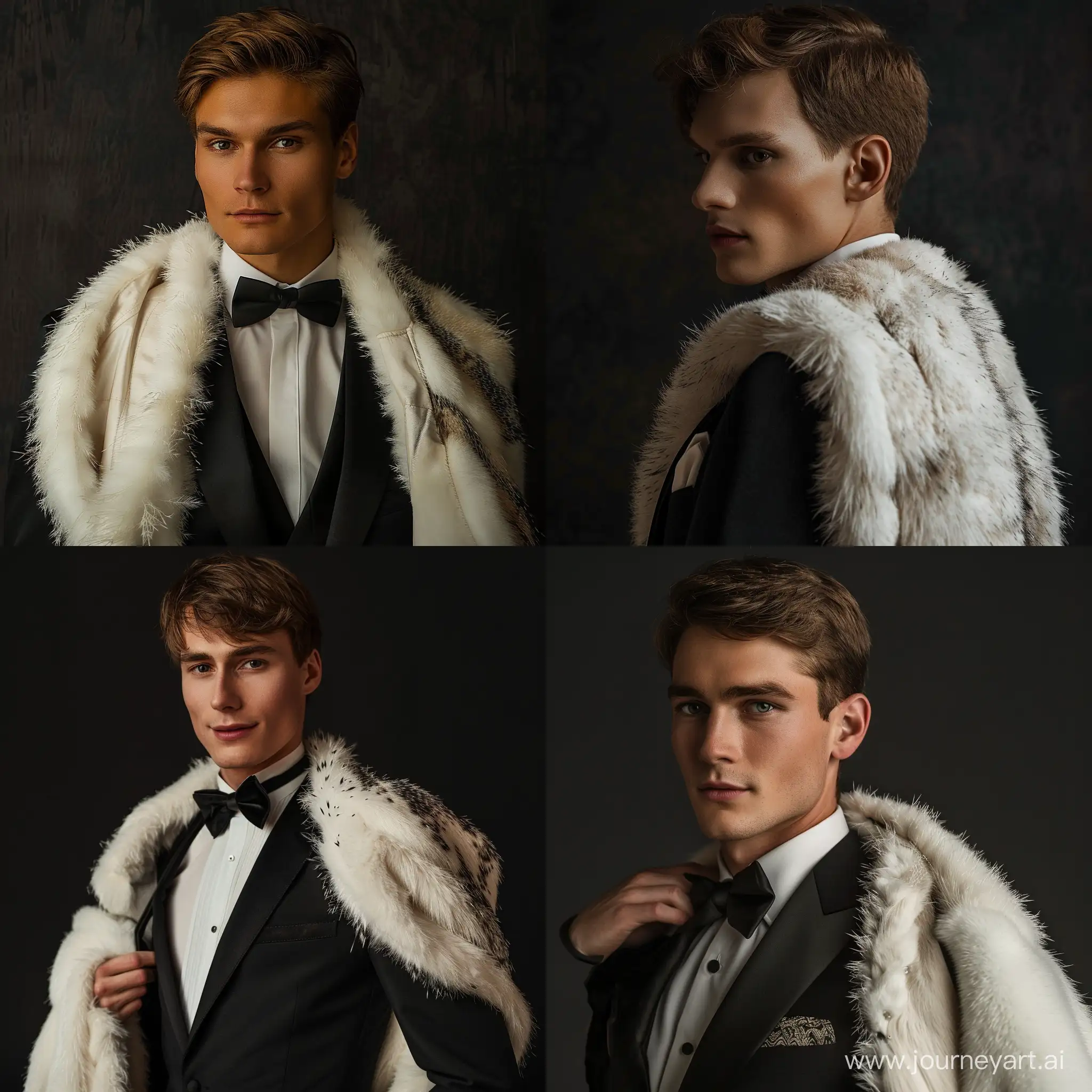 Low Angle Shot, Hyper-realistic photo: handsome 20-year-old European man, brown hair, short haircut, in a black tuxedo, an ermine fur coat is draped over her shoulders, in retro style of old Hollywood 30s of the 20th century, luxury and glamor, aesthetics