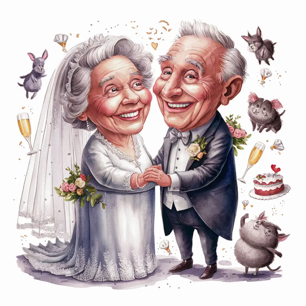 a happy old grandmother as a bride and a happy old grandfather as a groom