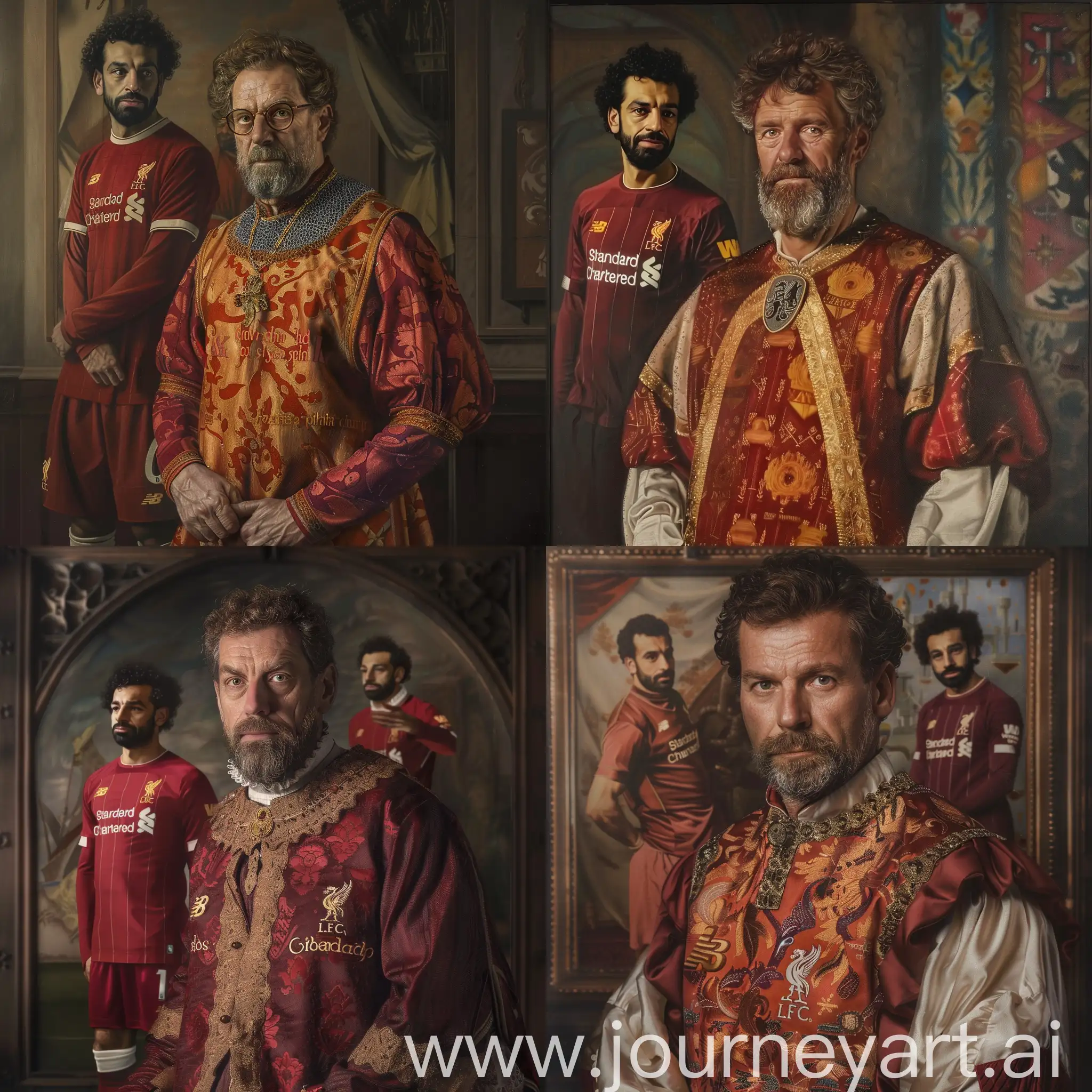 Royal portrait of an earl from 1400s england but he is jurgen klopp wearing a fancy version of a liverpool fc jersey and in the background is a painting of mohamed salah