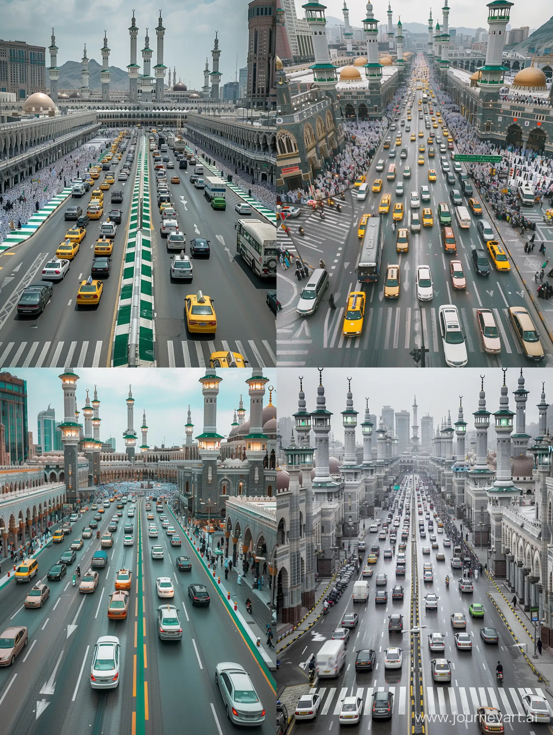 a Newyork like crosswalk full of traffic in Mecca mosque, Great mosque of Mecca mosques lined along the streets, all having Masjid al Haram exterior and grey green white marbled Masjid al Haram facades and minarets, high angle shot