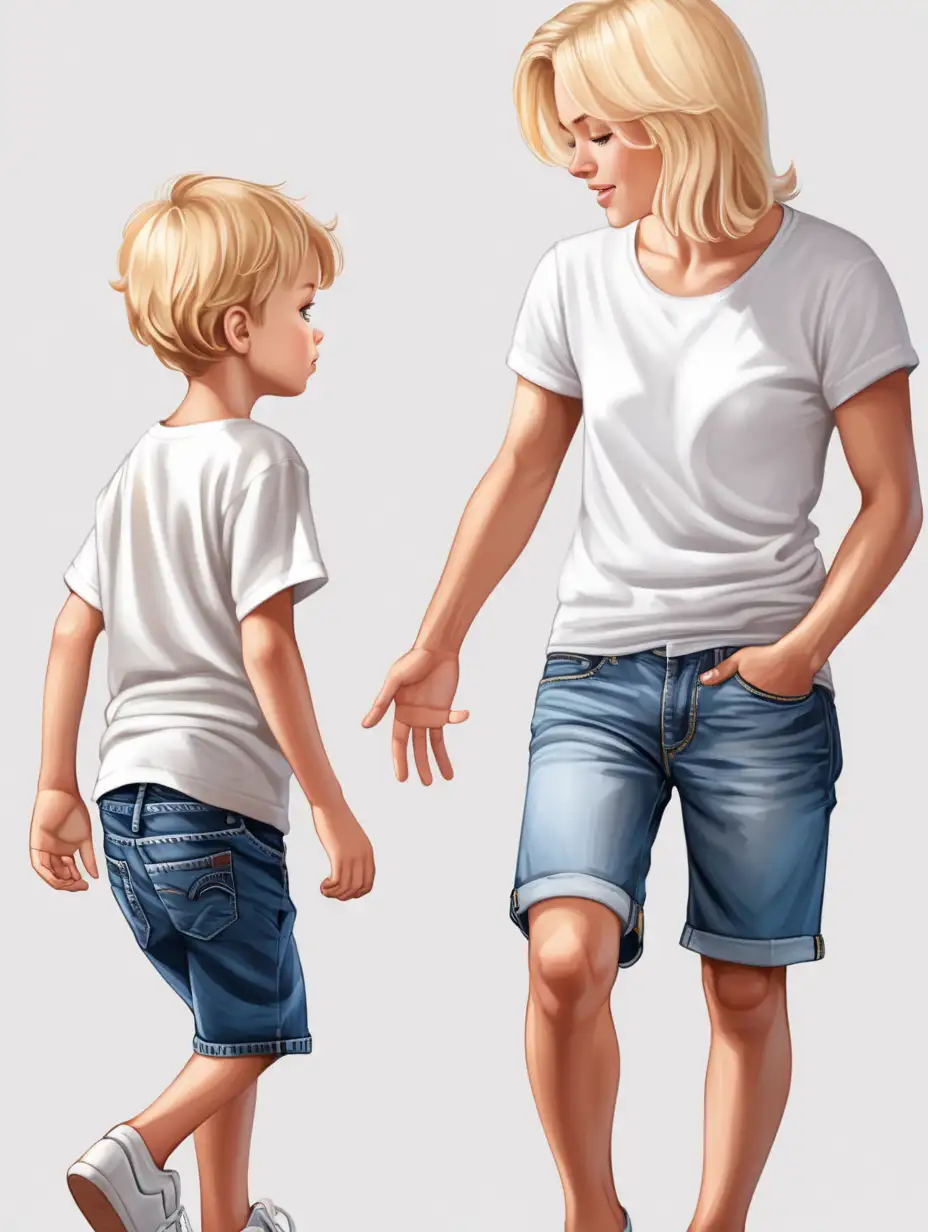 little blonde boy white t-shirt, jean shorts. turning around to talk to his mom