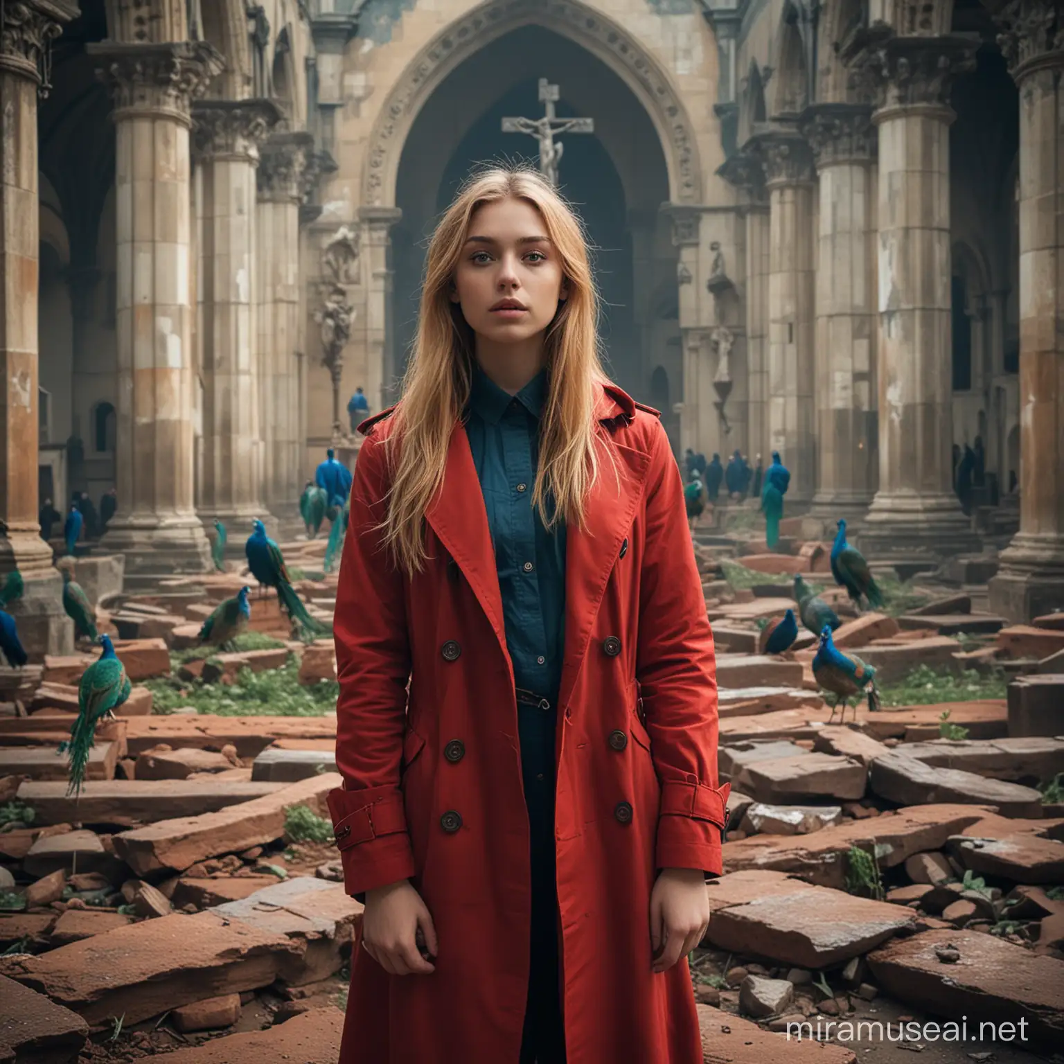 Mystical Teenage Goddess in Crimson Coat with Peacock Amidst Cathedral Ruins