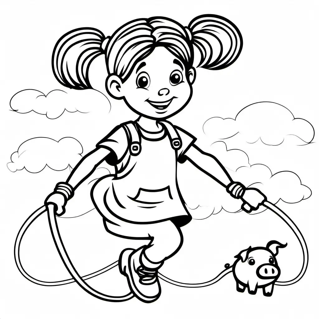 little girl with pig tails skipping rope, Coloring Page, black and white, line art, white background, Simplicity, Ample White Space. The background of the coloring page is plain white to make it easy for young children to color within the lines. The outlines of all the subjects are easy to distinguish, making it simple for kids to color without too much difficulty
