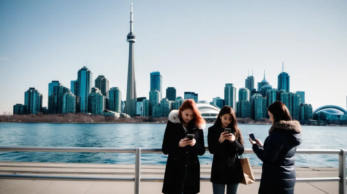 show several people using their mobile phones to shop with the Toronto skyline behind them in the background but facing the photographer
