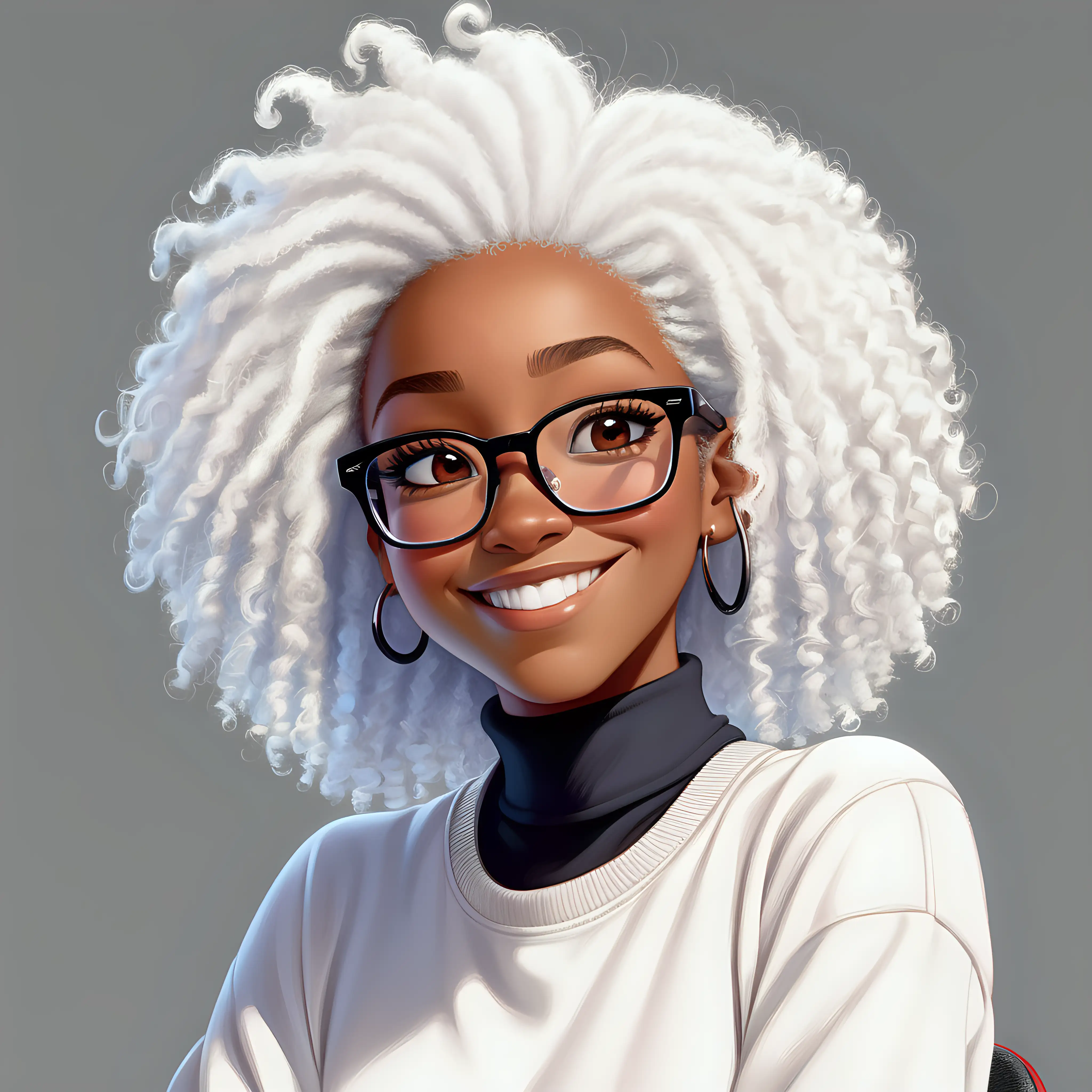 //imagine the Disney Pixar anime picture style of a gorgeous smart 35 -year-old black lady, with stunning white shoulder length afro hair, square jaw, beautiful almond shape black eyes, looking straight into the camera, authentic and smart personality, wearing red frame glasses, a white jeans and a turtleneck, athletic body front facing, with big smile, character sheet white, and white background, with black running shoes, sitting at a desk
