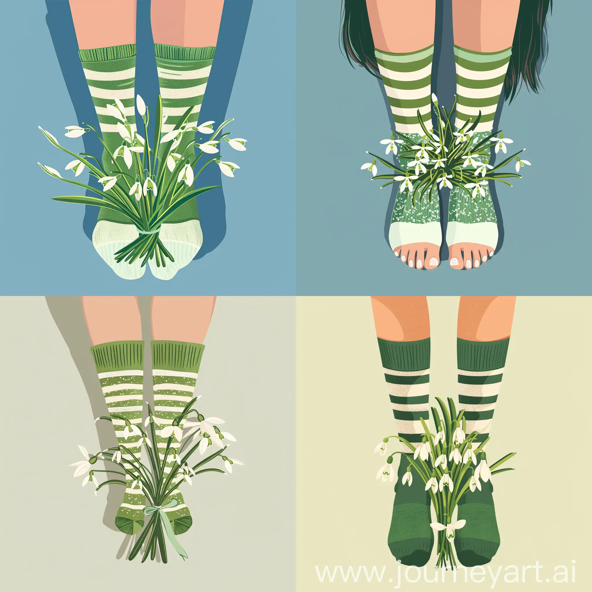cartoon flat illustration of the girl's feet are in green socks with white stripes on top, without shoes, and a bouquet of snowdrops is on her socks, high quality detailed