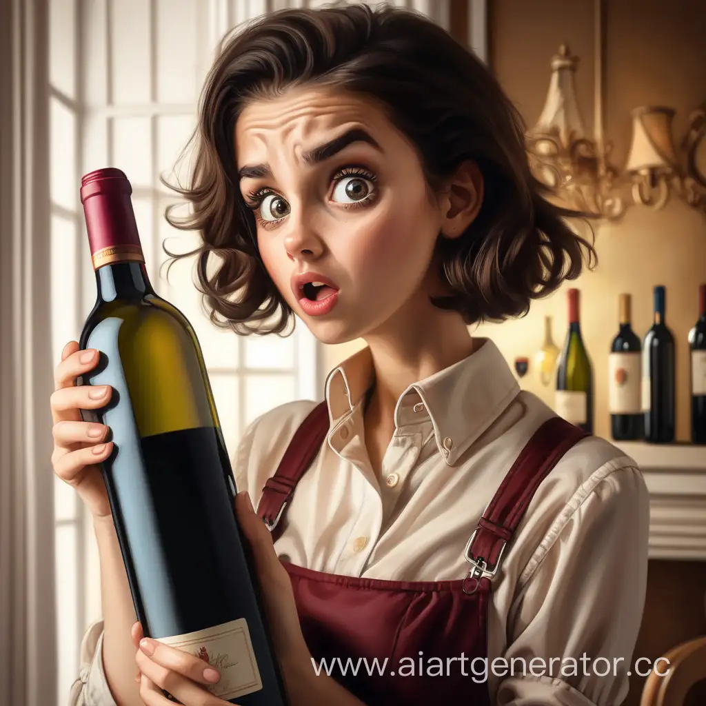 удивленная девушка брюнетка в руках бутылки вина
