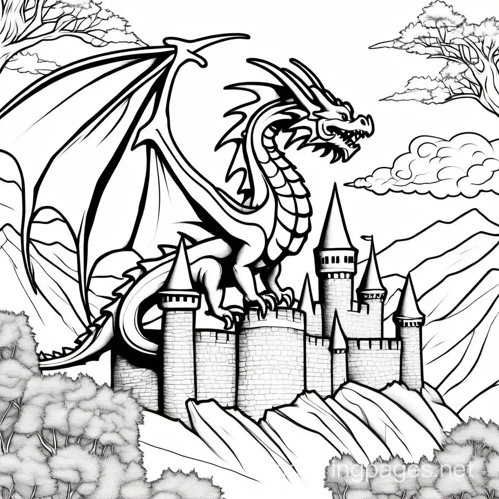 Dragon-Flying-Over-Castle-Wall-in-Forest-Coloring-Page-for-Kids