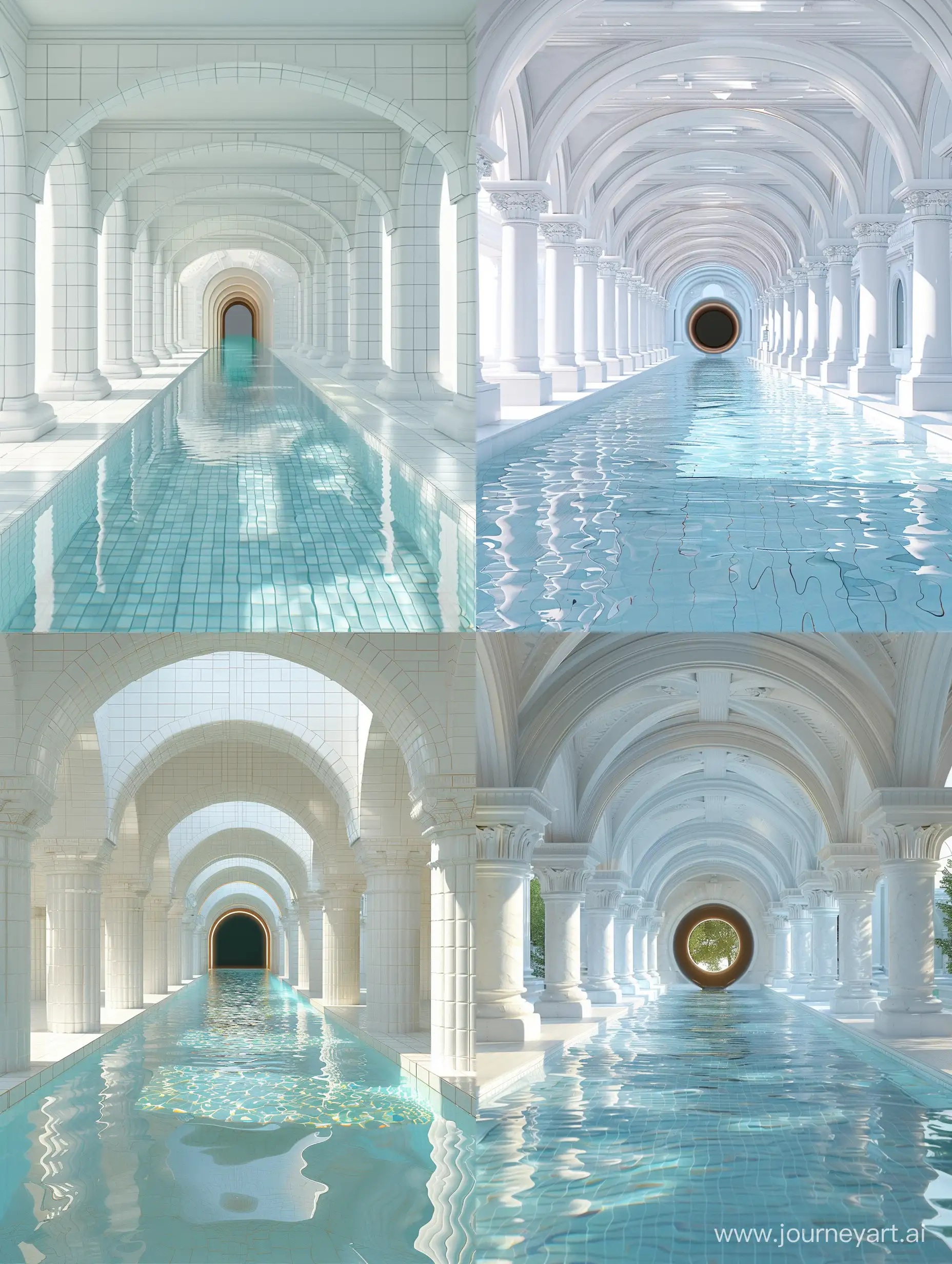 a tunnel in the middle of a swimming pool, a photorealistic painting, by Jan Kupecký, op art, made of all white ceramic tiles, fountains and arches, rinko kawauchi, vray renderer