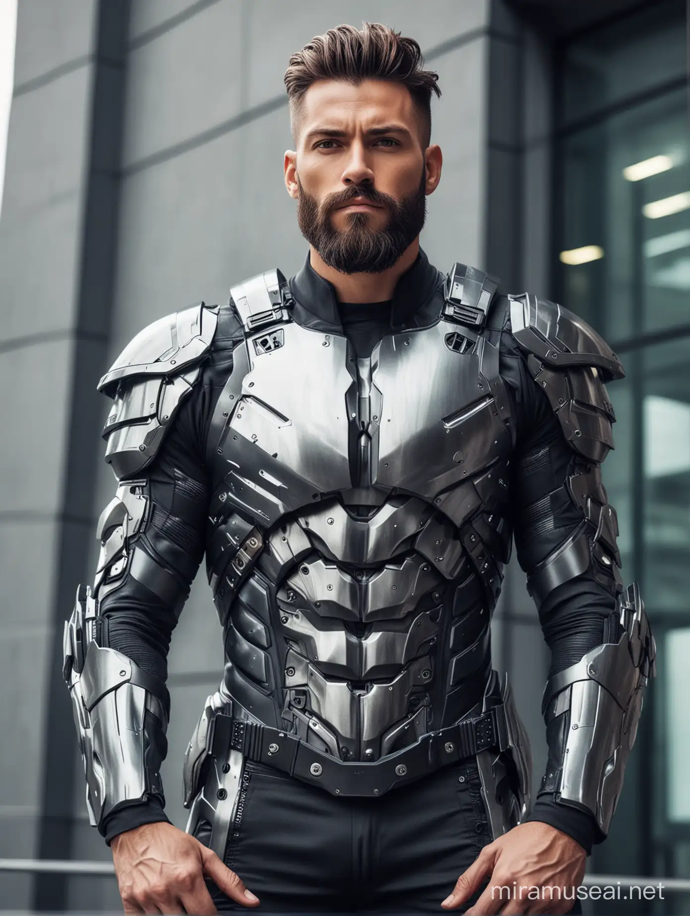 Futuristic High Tech Armor Suit Tall Muscular Men Outside Office | MUSE AI