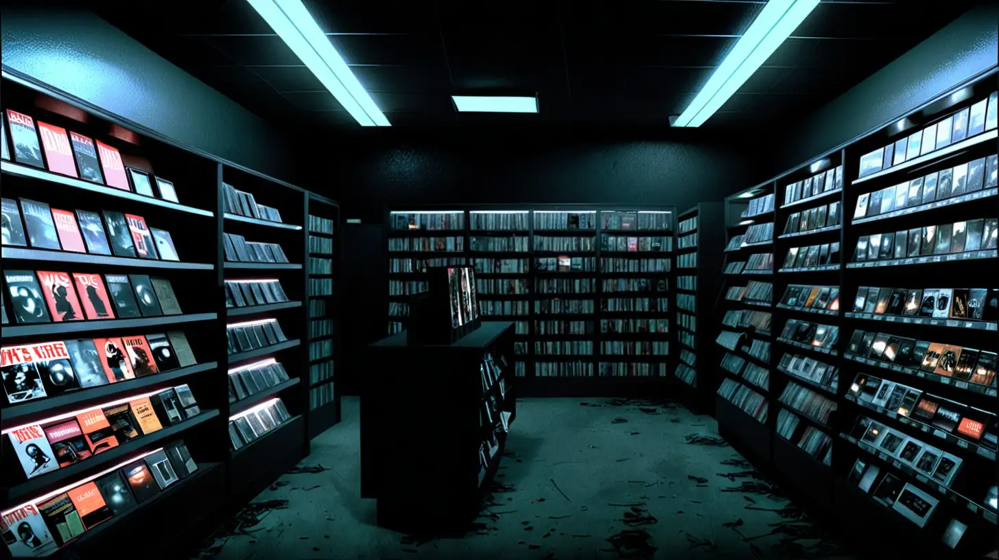 generate a dark David Fincher style vhs video store interior. tungsten LIGHTING 
