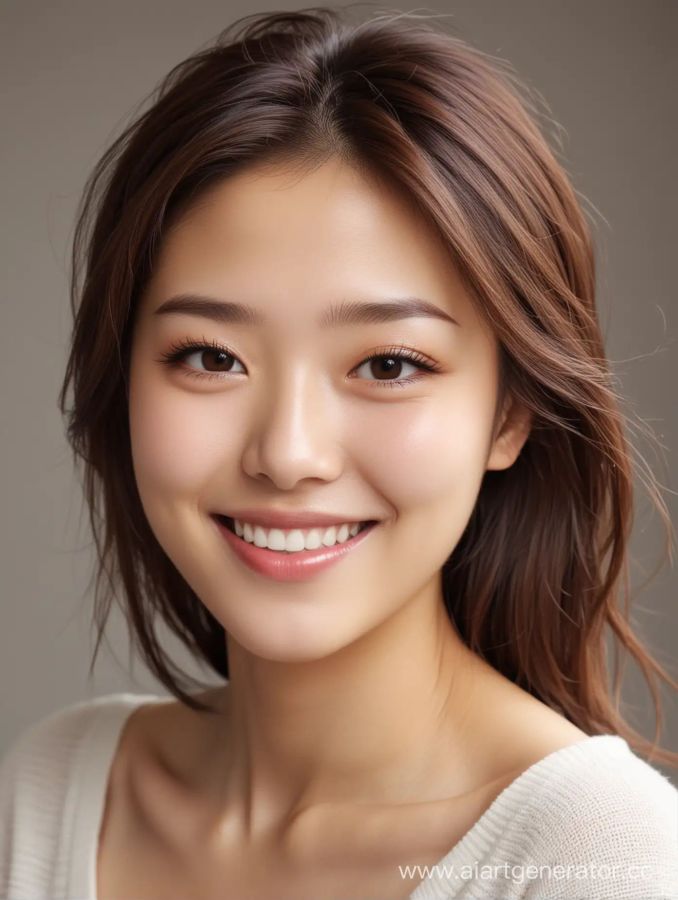 девочка. наполовину кореянка (не сильно выраженные азиатские черты), светлая кожа, коричневые волосы. улыбается, очень красивая улыбка, но не слишком лучезарная
