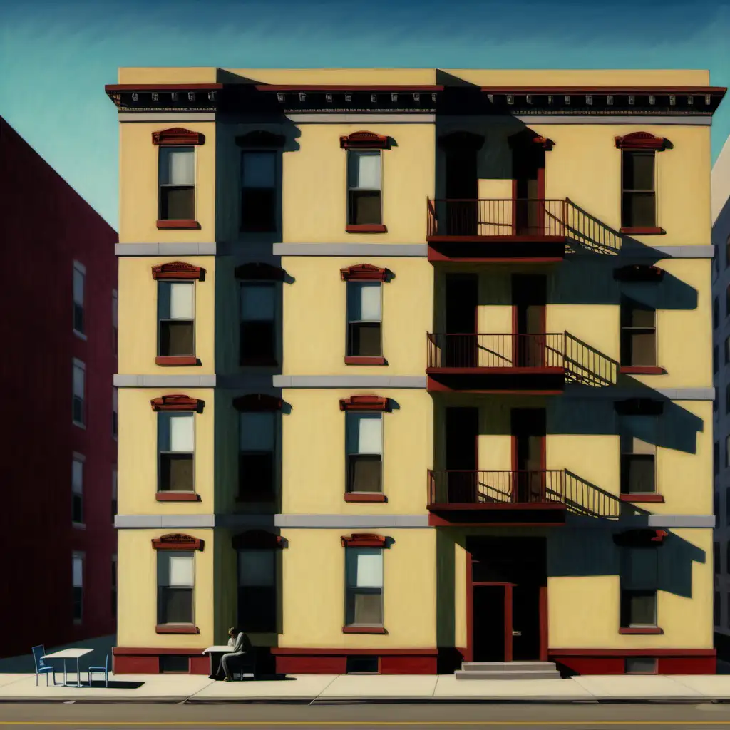 edward hopper style apartment building in apartment building with lonely person at table looking out.