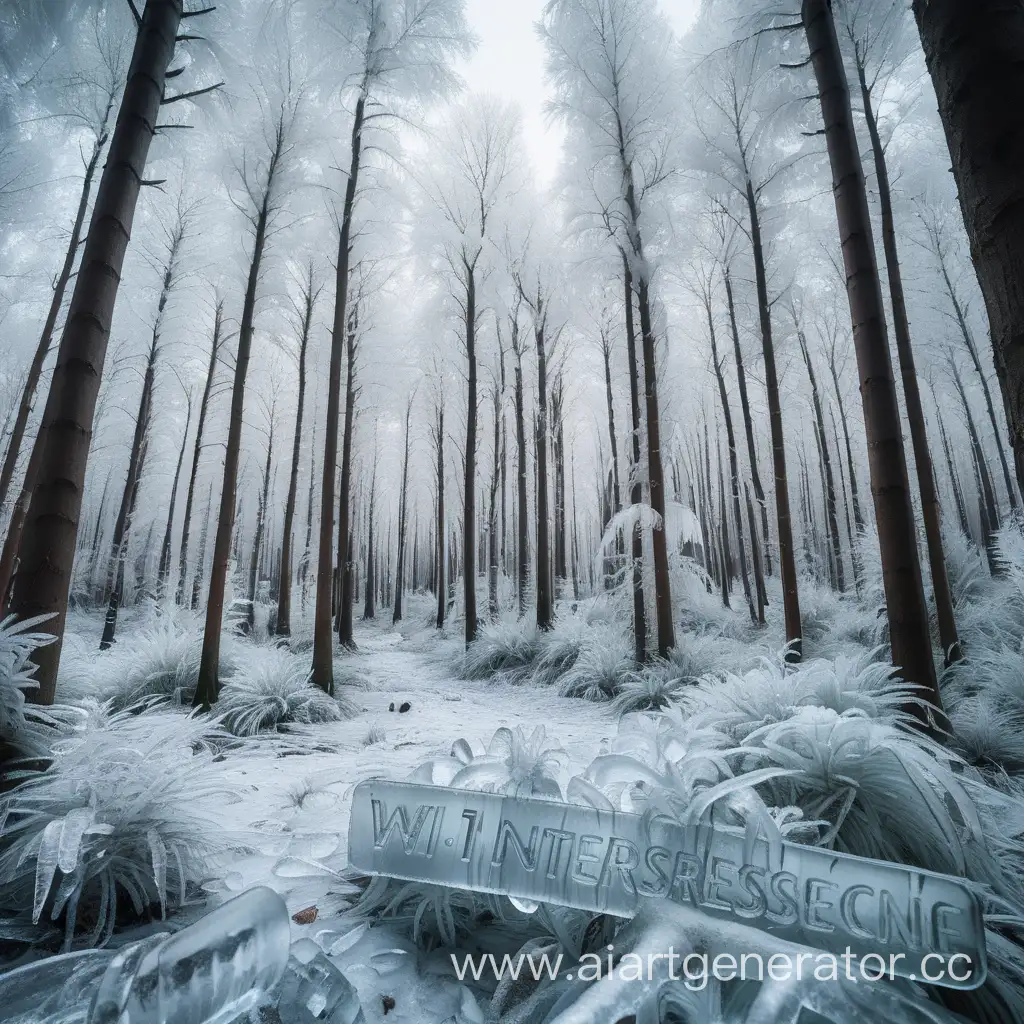 Лес покрытый льдом, холод, по центру надпись "W1NTERSSENCE"