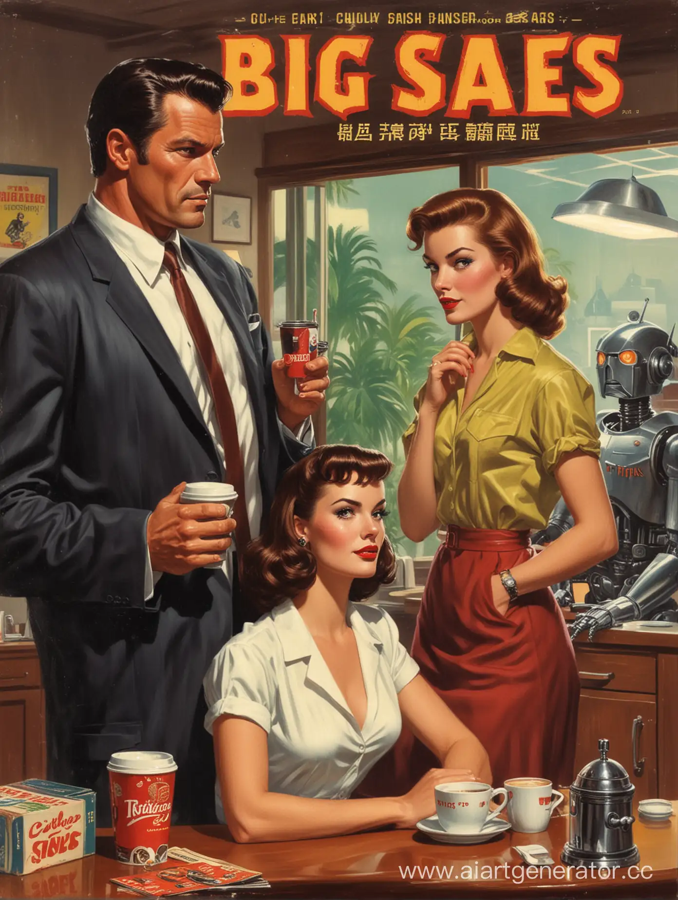 Create a 1950's lurid pulp fiction book cover with 2 men and a beautiful brunette drinking coffee
The title of the book is "Big Sales Robot"