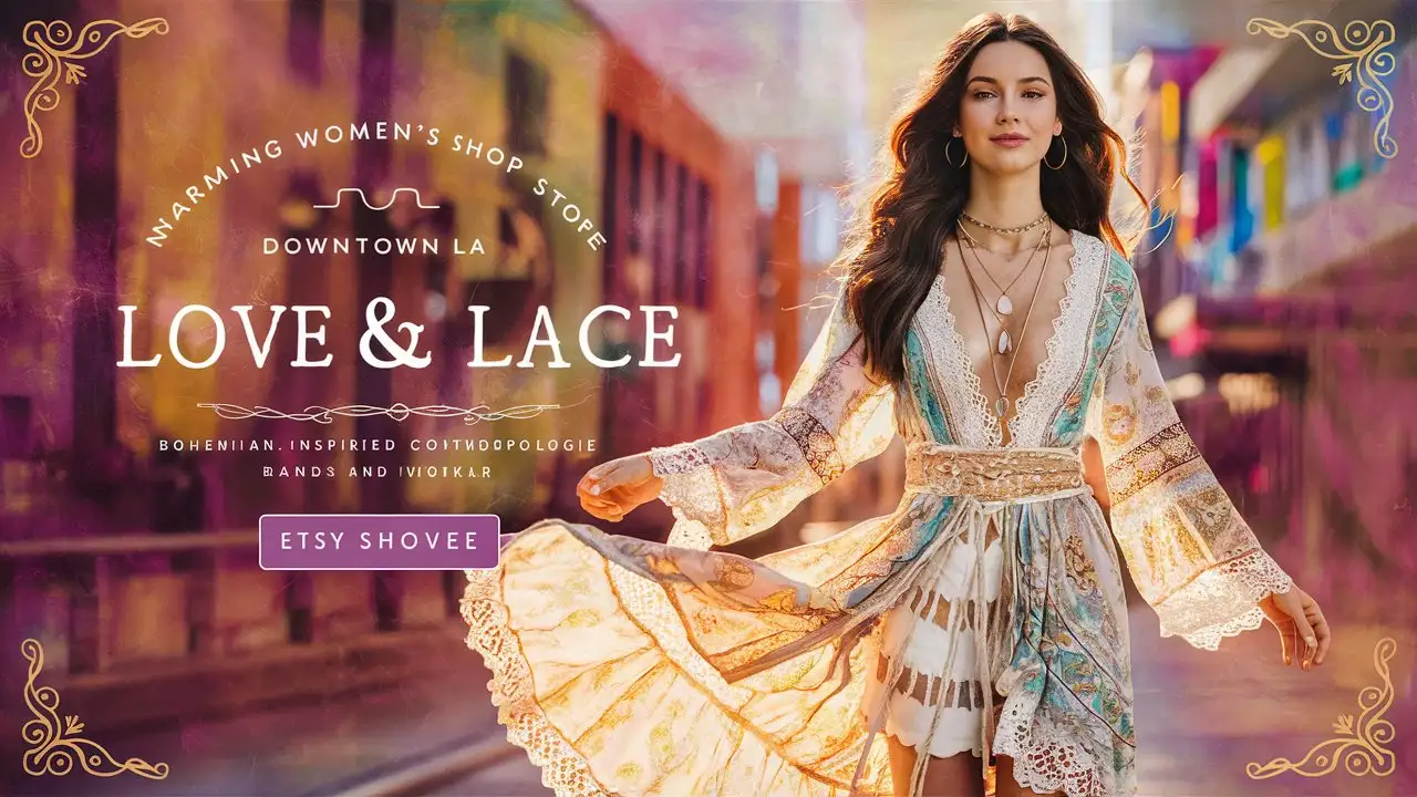 Etsy Shop banner for a women’s clothing store called love &
 lace  in downtown LA 1600px x213 px, bohemian, similar to  anthropology or free people