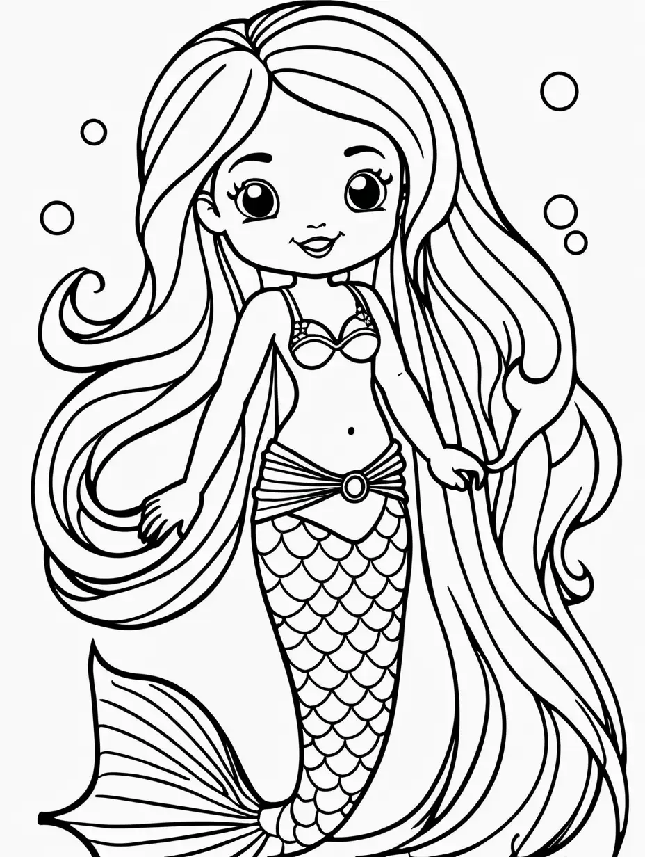 Very easy coloring page for 3 years old toddler. Mermaid. Without shadows. Thick black outline, without colors and big details. White background.