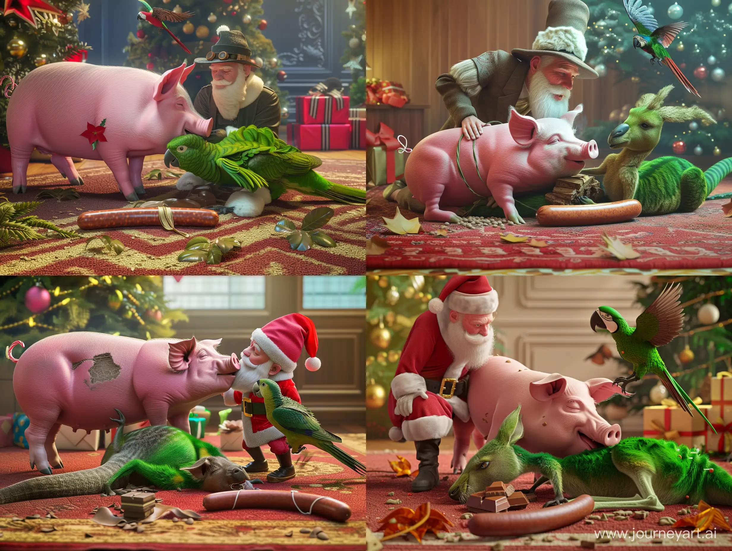 The Botanical Garden. A pink pig kisses a green kangaroo lying on the carpet. Santa Claus is standing next to him in a hat and scratching his sausage, which is tied to his leg. The parrot flies over them and squeezes out cakes of chocolate that spreads all over them. ultrarealism in 8k. unreal engine