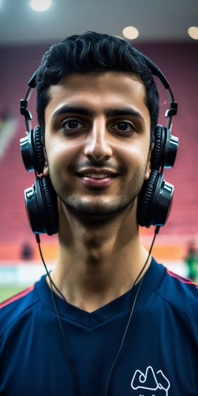 "Arash" is a 25-year-old boy born in Iran. He has a photogenic face. It is exciting and funny. He is wearing casual clothes. Football reporter headphones are on his ears. He loves football. The world's first artificial intelligence soccer reporter is excitedly reporting the soccer match
