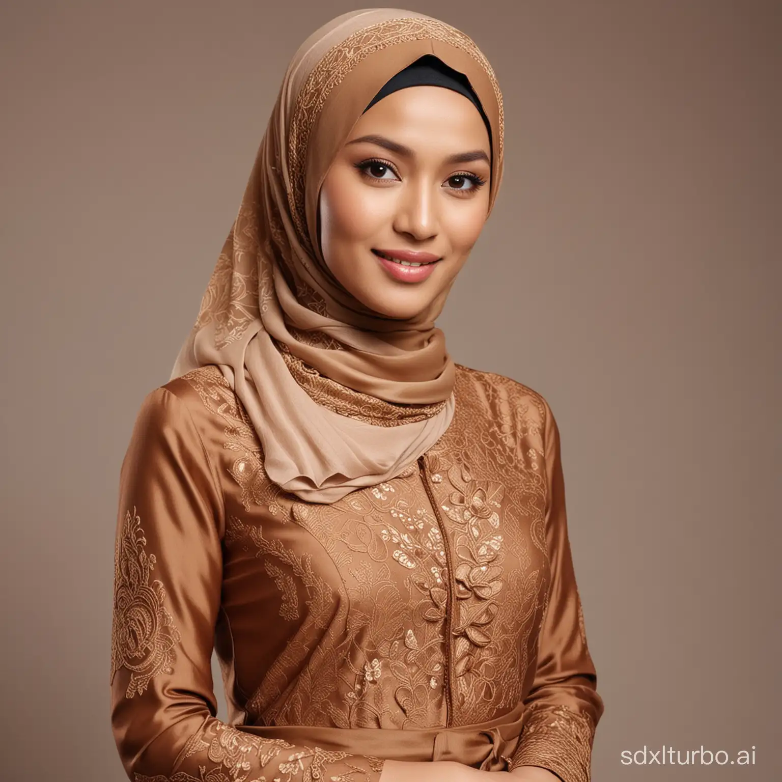 Ra Kartini version with hijab, wearing a milk chocolate-colored kebaya combined with a brown skirt