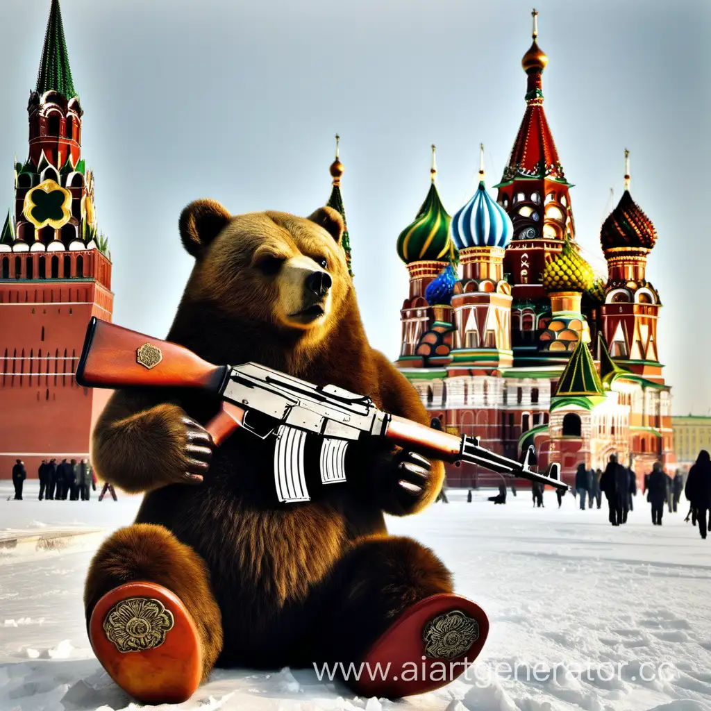 Кремль на фоне, медведь, автомат калашникова, хохлома