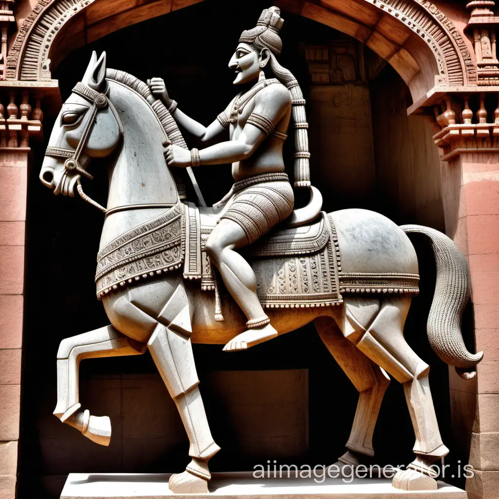 an indian 1000 year old sculptor of a with 2 legs king sitting on the horse with 4 legs ,galopping  ,the horse has full decoration ,the king has full armour going to the war ,granite sculptor ,tamil nadu