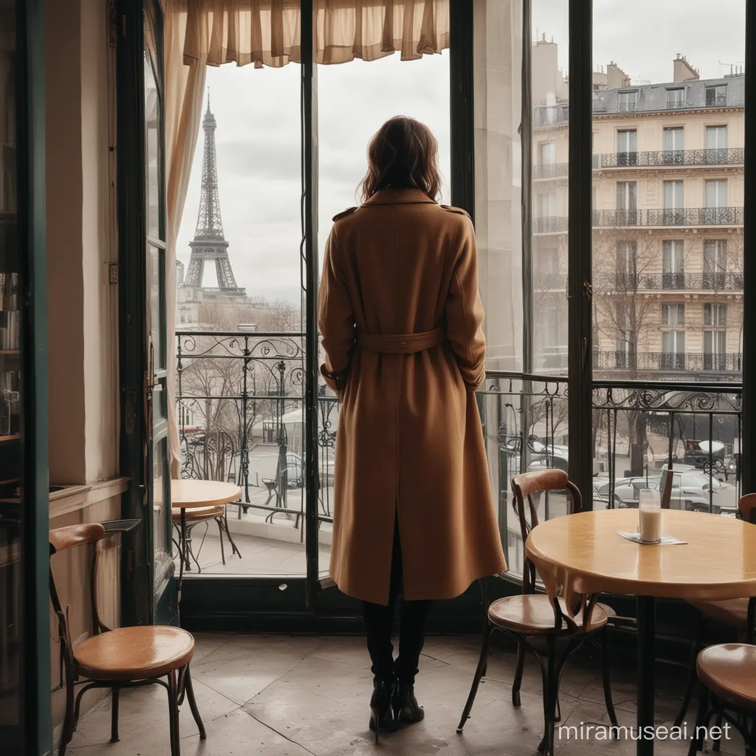 color picture of a mysterious woman standing inside a French café in Paris, wearing a coat. She must have her hands behind her back, and be looking out of a large window overlooking the Eiffel tower