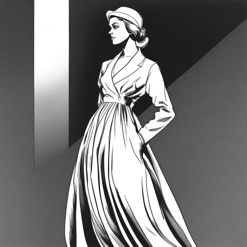 simple black and white drawing of a scene with a woman looking over her shoulder and all dressed in white