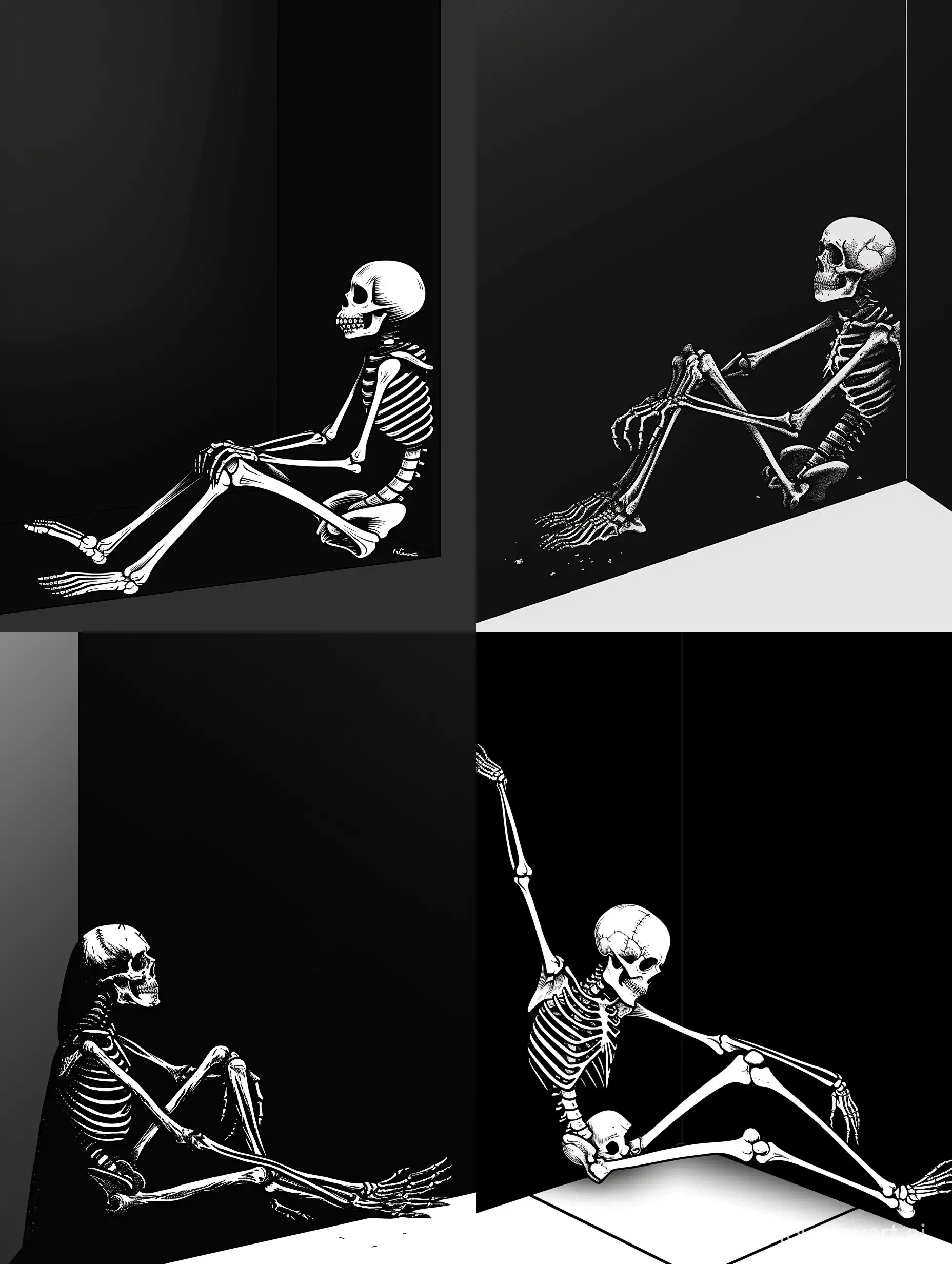 logo, minimalistic, deadman in full length who sits on the invisible floor, leaning against the wall, sad, side view, pinned in a corner, huddled in a corner out of fear, afraid and stretches out his hands, bones, skeleton, black background