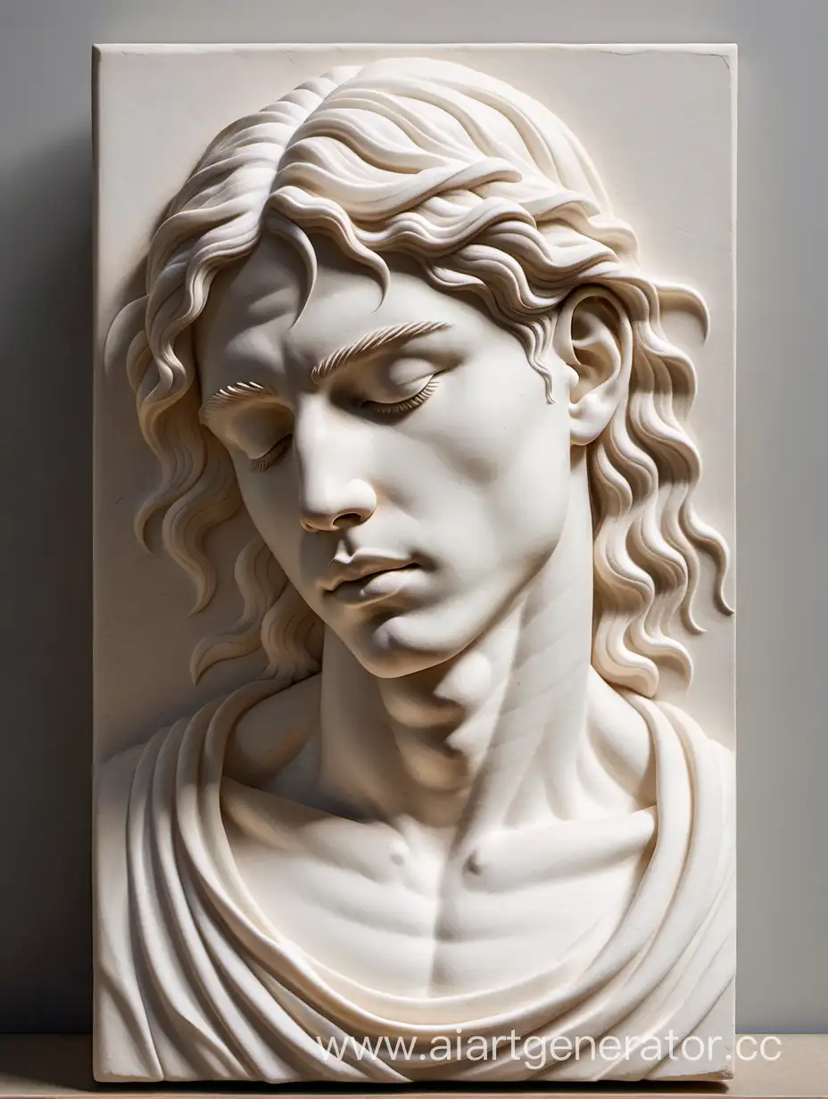 white basrelief sculpture of  young man with closed eyes on half height