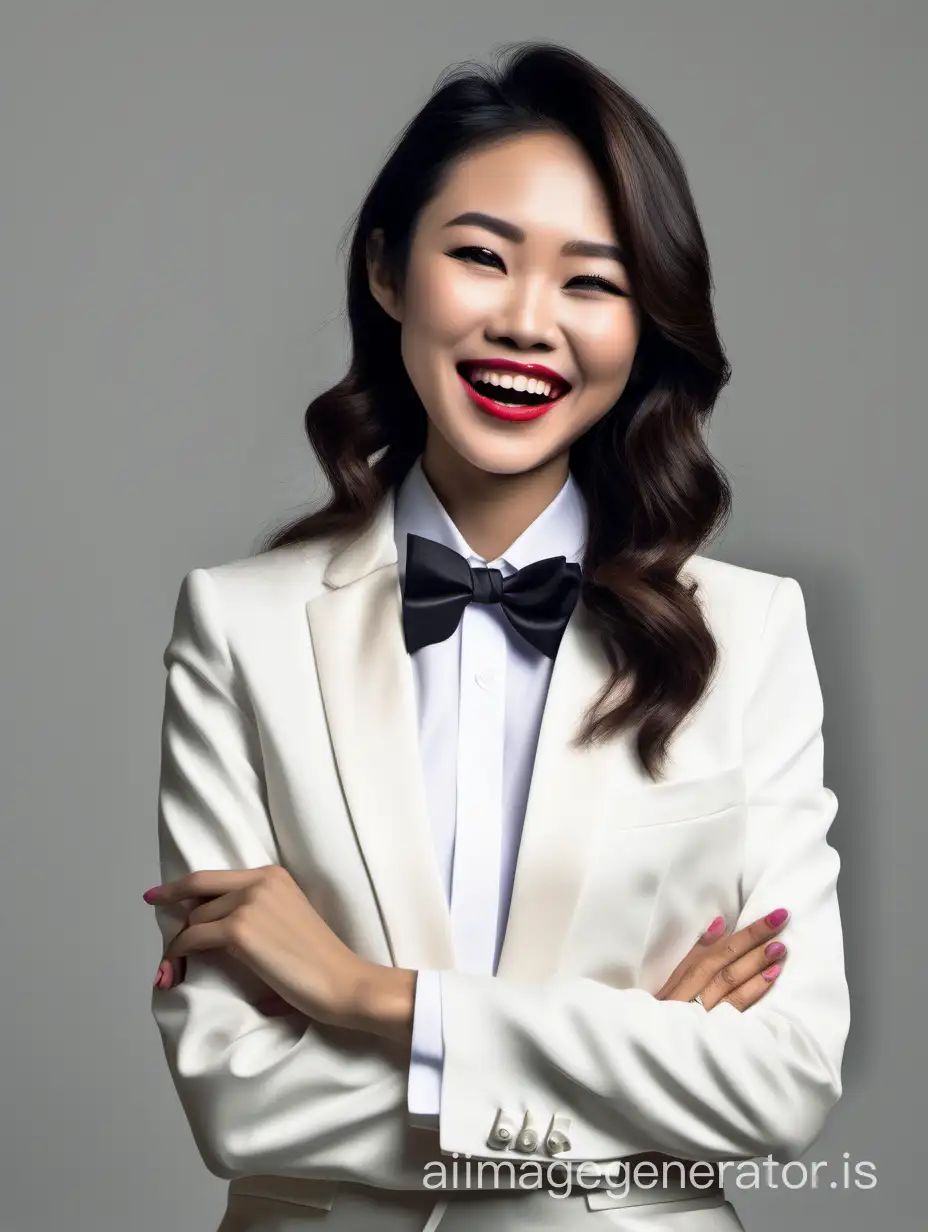cute and sophisticated and confident Vietnamese woman with shoulder length hair and lipstick wearing an ivory tuxedo with a white shirt and a black bow tie, cufflinks, crossing her arms, laughing and smiling