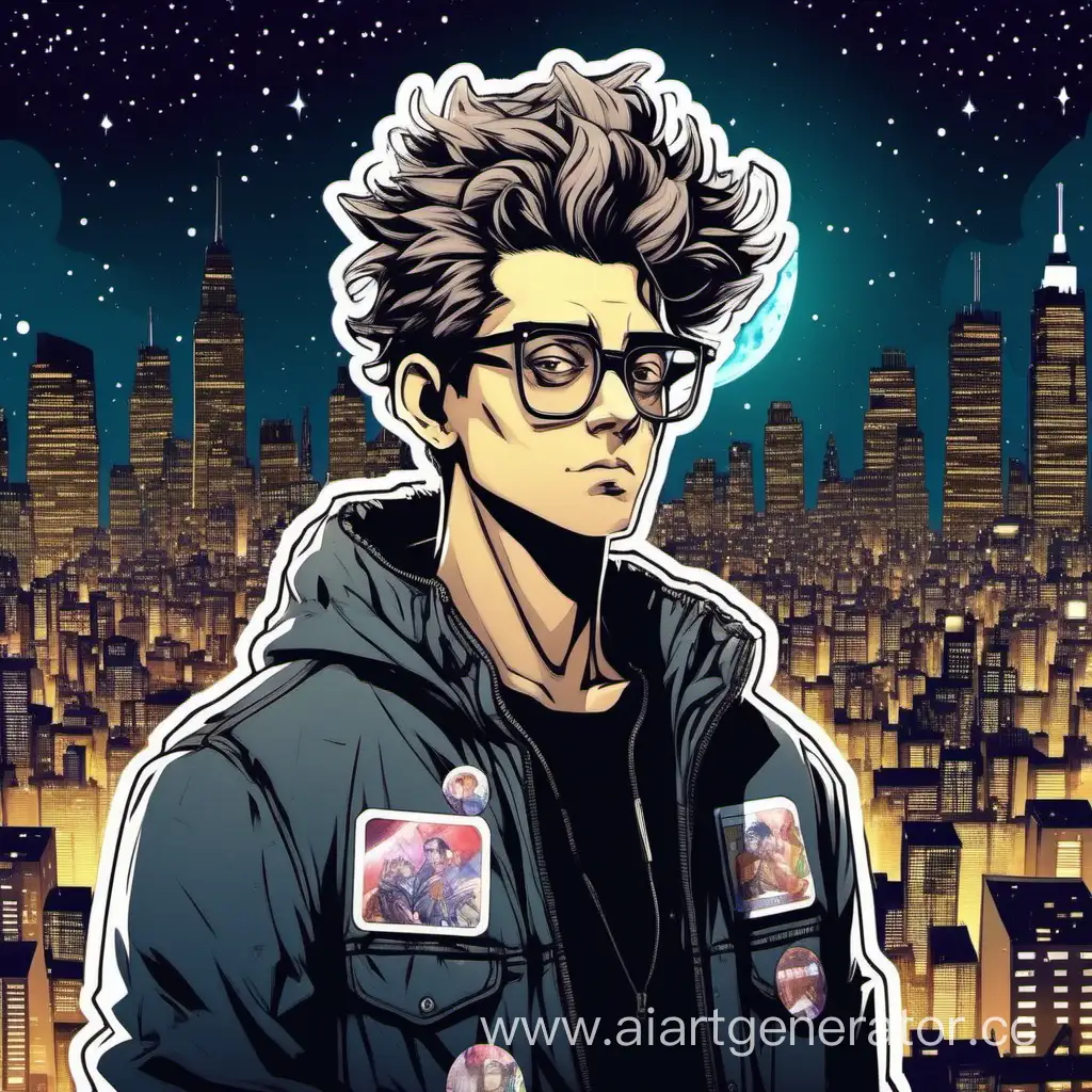 парень в немного затемненных очках, объёмной причёской, в куртке с кучей наклеек на фоне ночного города