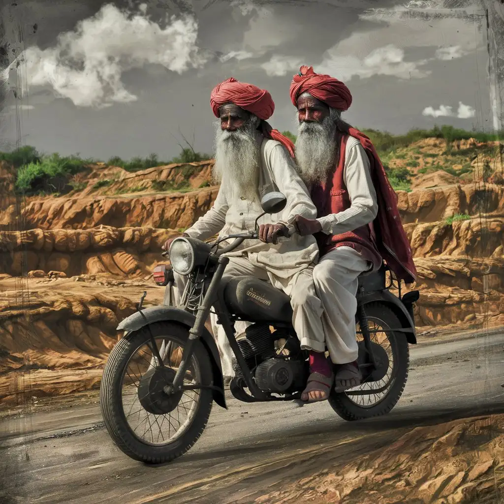  two  old rabaris rajasthan india white beard white clothing  red turban full total body are sitting on old motorbike total full body background  in movement rajasthan land schape by cloudy sky detailted